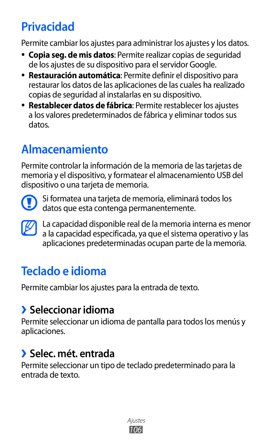 Samsung YP-GI1CW/XEP manual Privacidad, Almacenamiento, Teclado e idioma, ››Seleccionar idioma, ››Selec. mét. entrada 