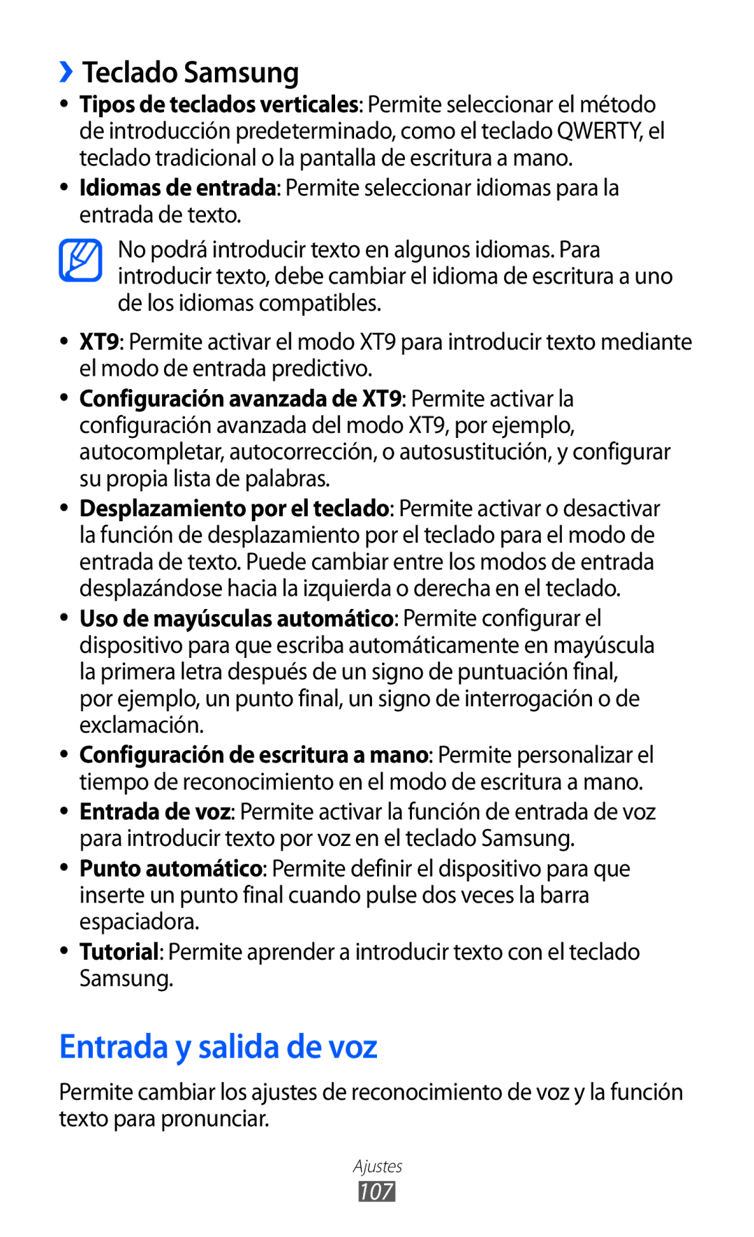 Samsung YP-GI1CB/XEG, YP-G1CW/XEE, YP-GI1CW/FOP, YP-GI1CW/XEP manual Entrada y salida de voz, ››Teclado Samsung, 107 