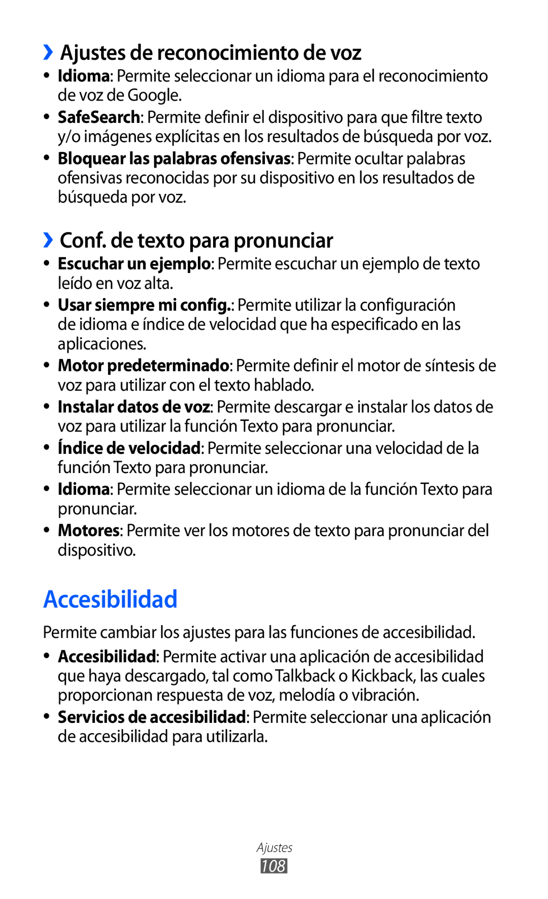 Samsung YP-G1CW/XEE, YP-GI1CW/FOP Accesibilidad, ››Ajustes de reconocimiento de voz, ››Conf. de texto para pronunciar, 108 