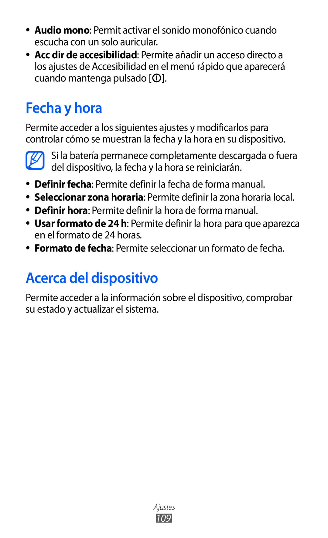 Samsung YP-GI1CW/FOP Fecha y hora, Acerca del dispositivo, Definir fecha Permite definir la fecha de forma manual, 109 