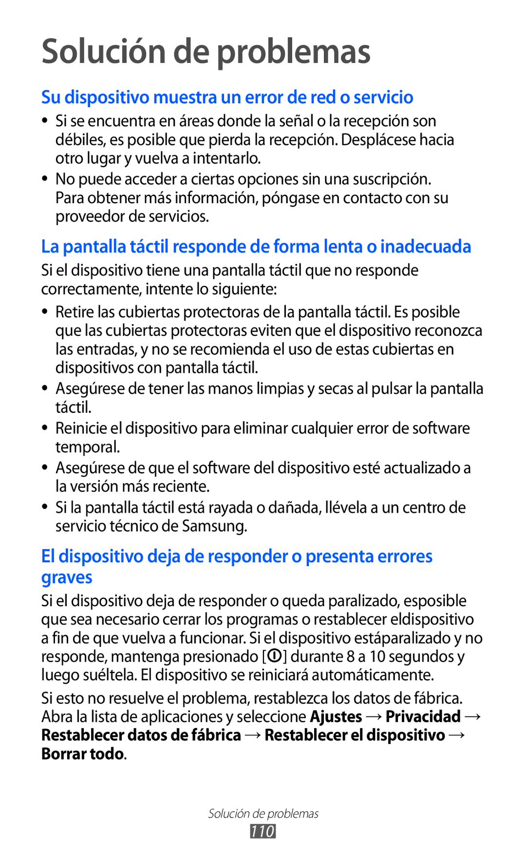 Samsung YP-GI1CW/XEP, YP-G1CW/XEE, YP-GI1CW/FOP, YP-GI1CB/XEG manual Solución de problemas, 110 