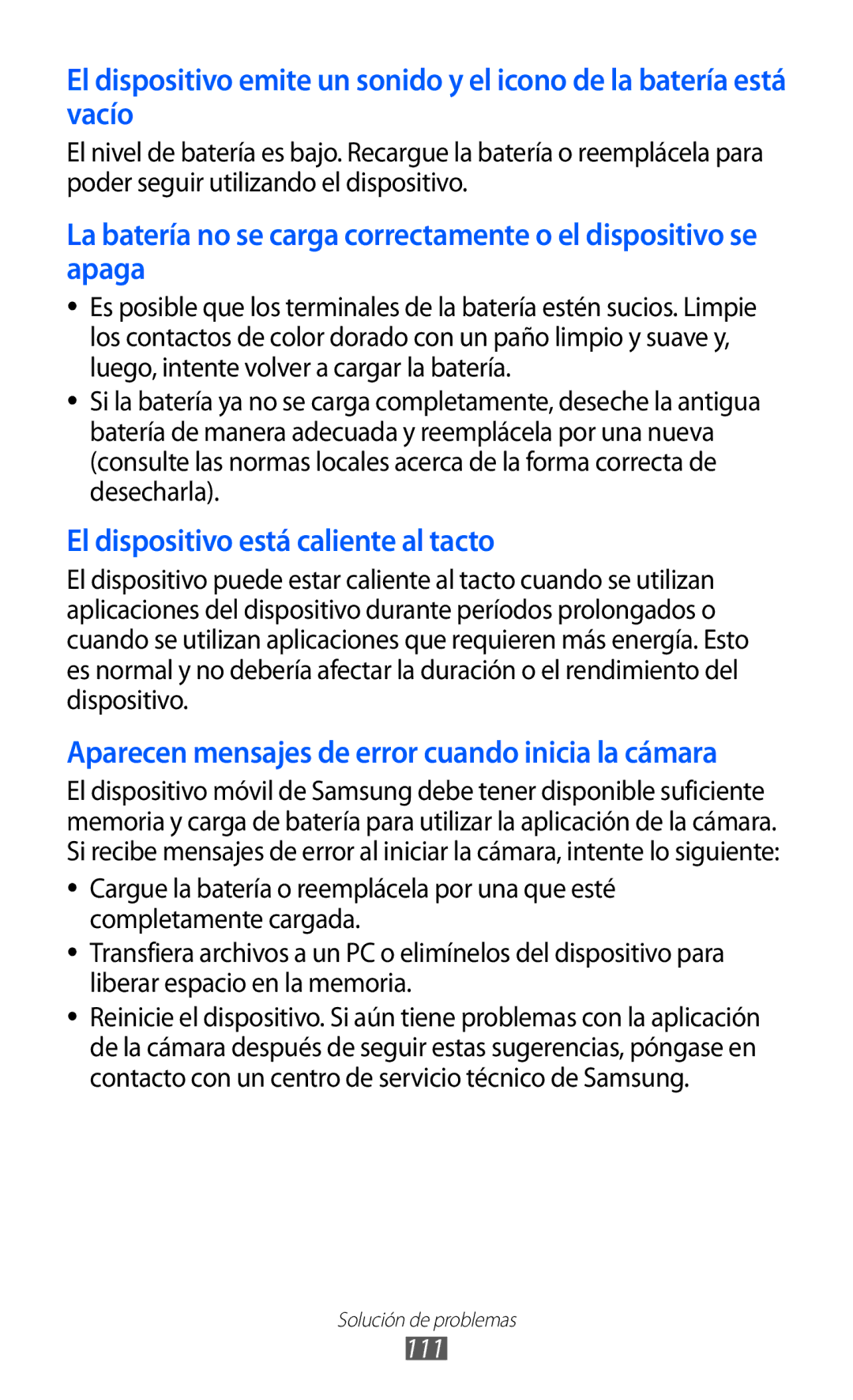 Samsung YP-GI1CB/XEG, YP-G1CW/XEE, YP-GI1CW/FOP, YP-GI1CW/XEP manual El dispositivo está caliente al tacto, 111 