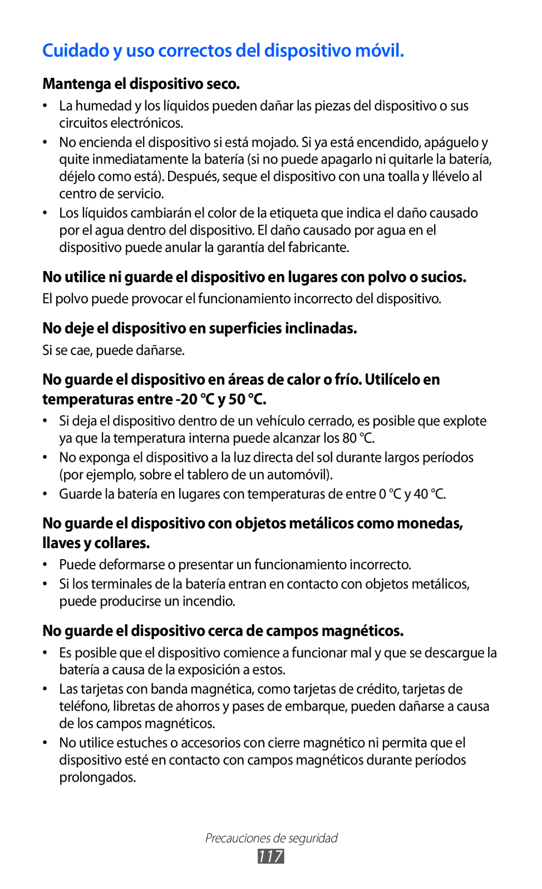 Samsung YP-GI1CW/FOP, YP-G1CW/XEE, YP-GI1CW/XEP, YP-GI1CB/XEG manual Cuidado y uso correctos del dispositivo móvil, 117 