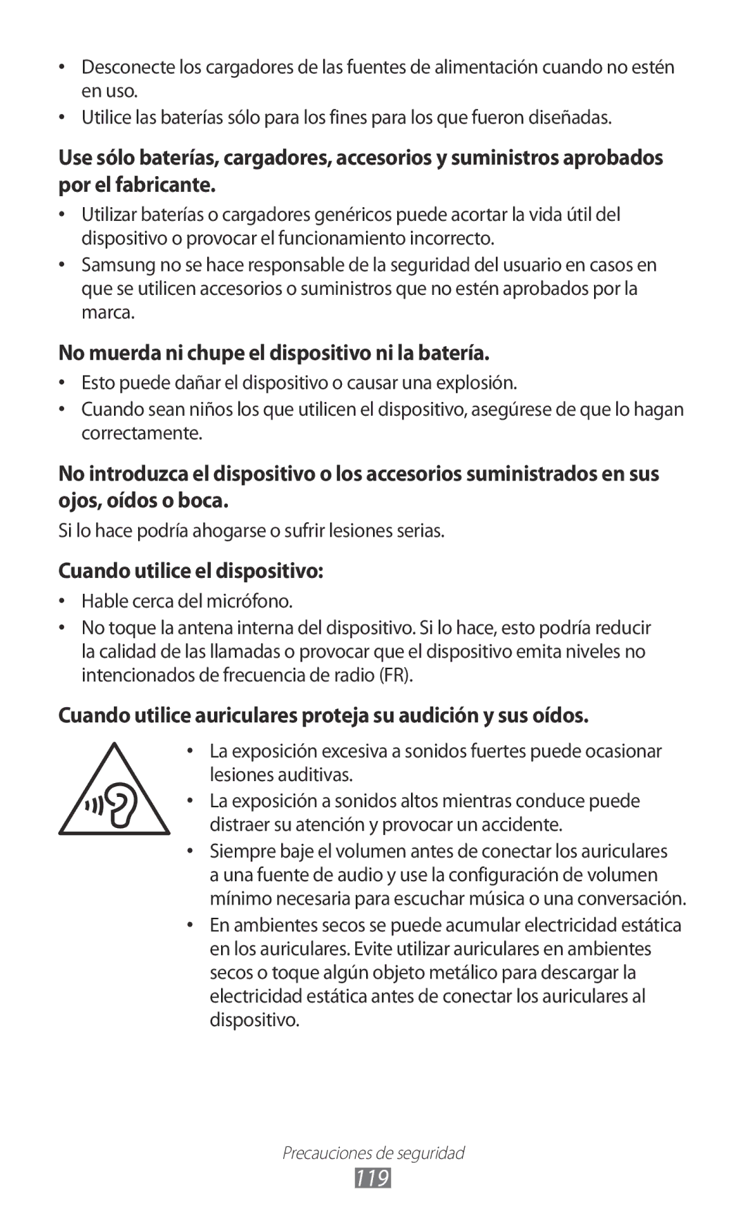 Samsung YP-GI1CB/XEG, YP-G1CW/XEE, YP-GI1CW/FOP, YP-GI1CW/XEP manual 119, No muerda ni chupe el dispositivo ni la batería 