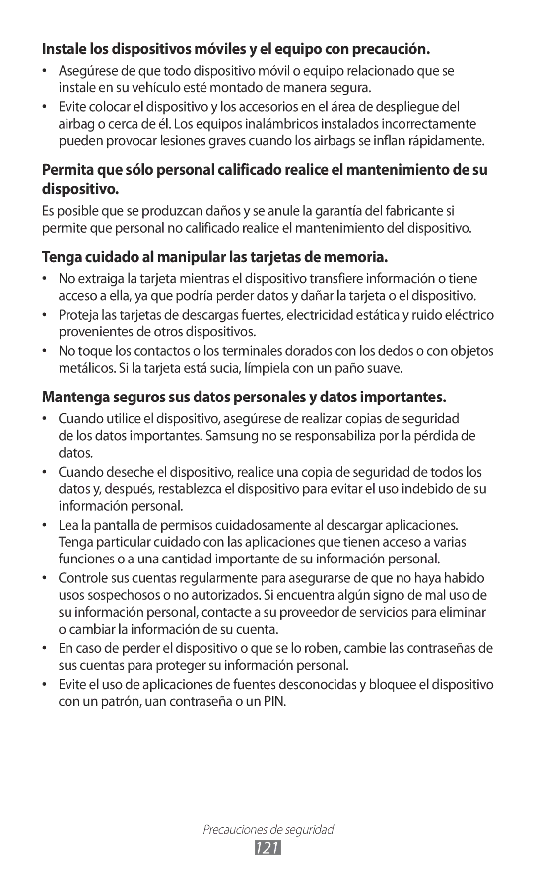 Samsung YP-GI1CW/FOP, YP-G1CW/XEE, YP-GI1CW/XEP manual 121, Instale los dispositivos móviles y el equipo con precaución 