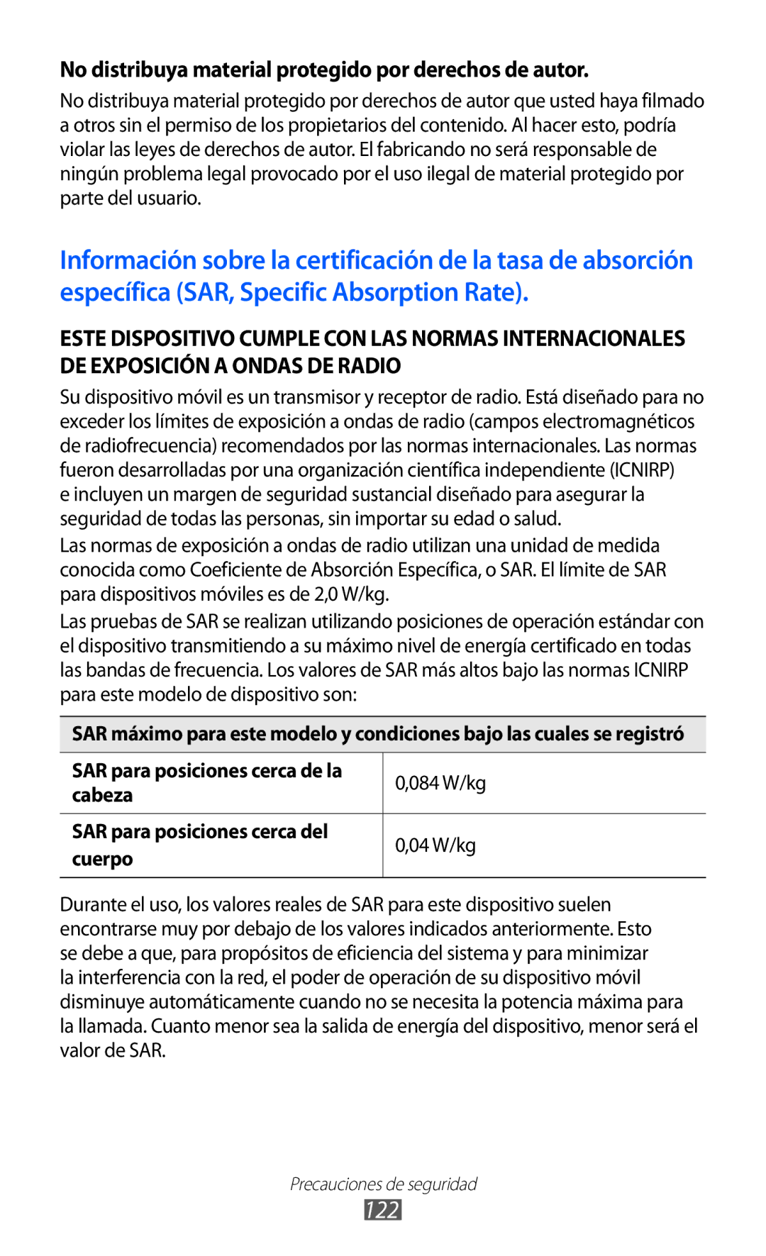 Samsung YP-GI1CW/XEP, YP-G1CW/XEE, YP-GI1CW/FOP, YP-GI1CB/XEG 122, No distribuya material protegido por derechos de autor 