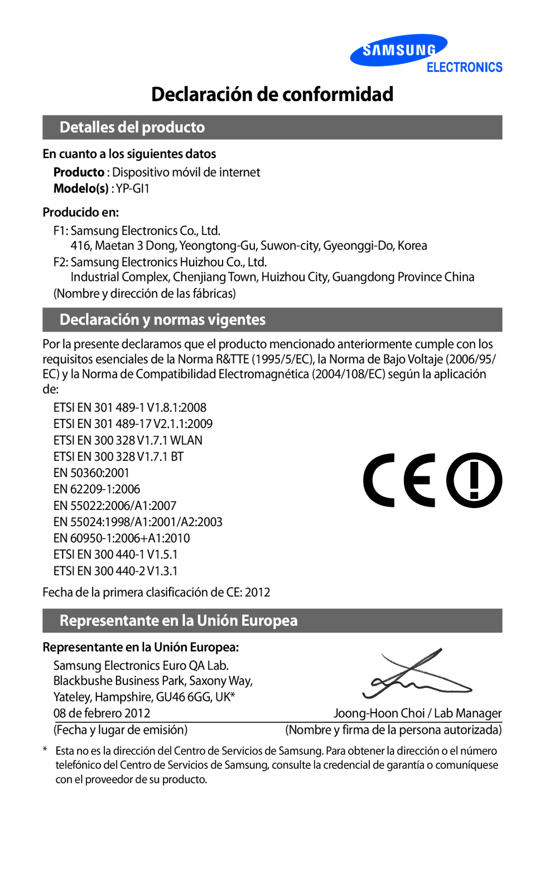 Samsung YP-GI1CW/FOP, YP-G1CW/XEE, YP-GI1CW/XEP, YP-GI1CB/XEG manual Declaración de conformidad 