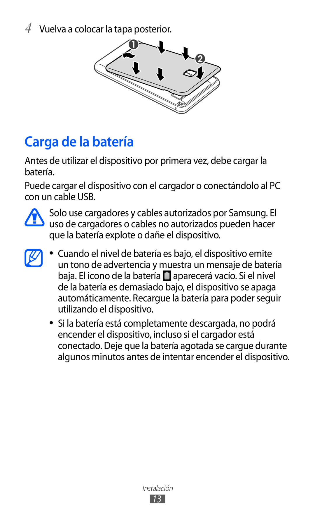 Samsung YP-GI1CW/FOP, YP-G1CW/XEE, YP-GI1CW/XEP, YP-GI1CB/XEG manual Carga de la batería, Vuelva a colocar la tapa posterior 