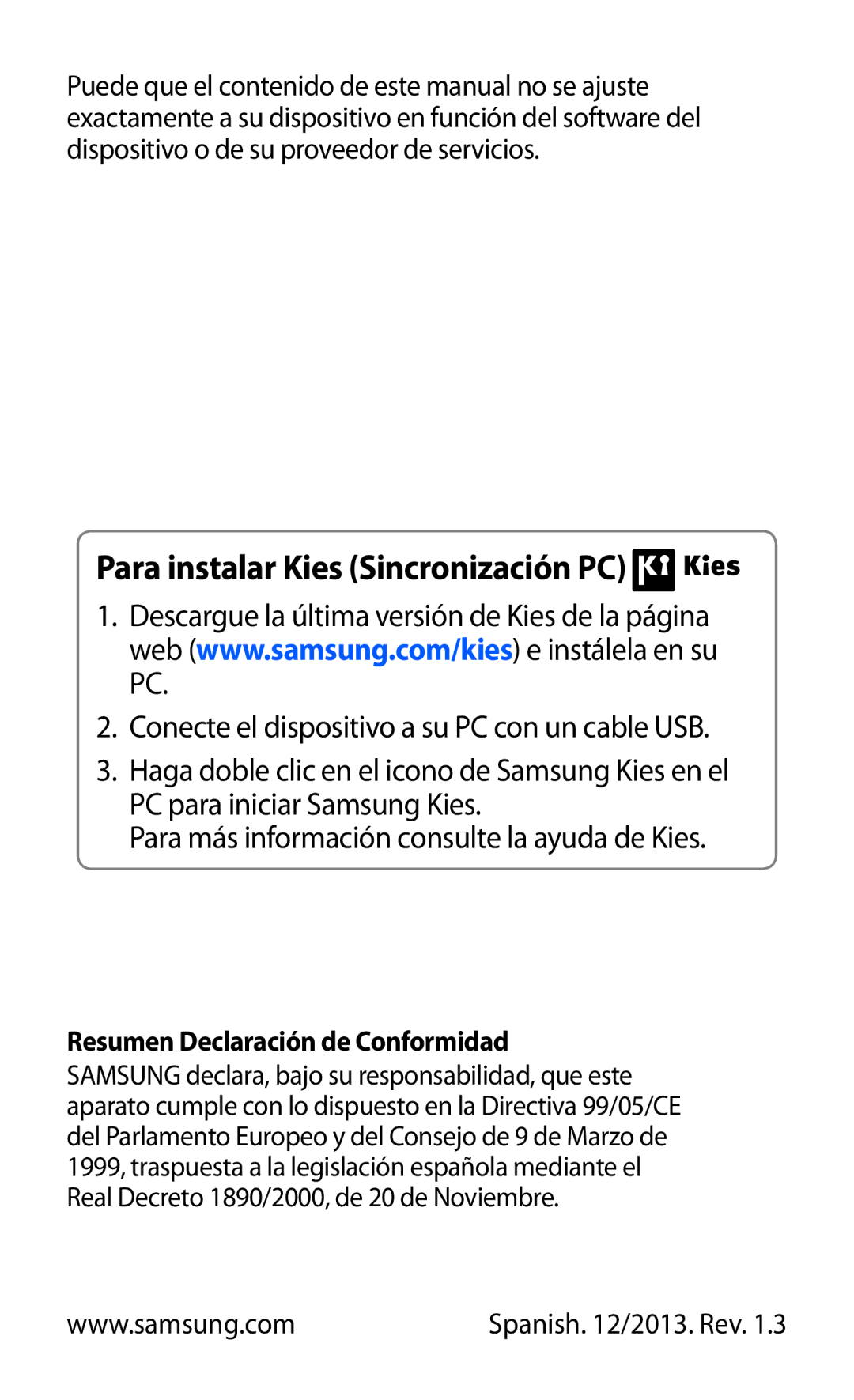 Samsung YP-GI1CW/XEP, YP-G1CW/XEE, YP-GI1CW/FOP Para instalar Kies Sincronización PC, Resumen Declaración de Conformidad 