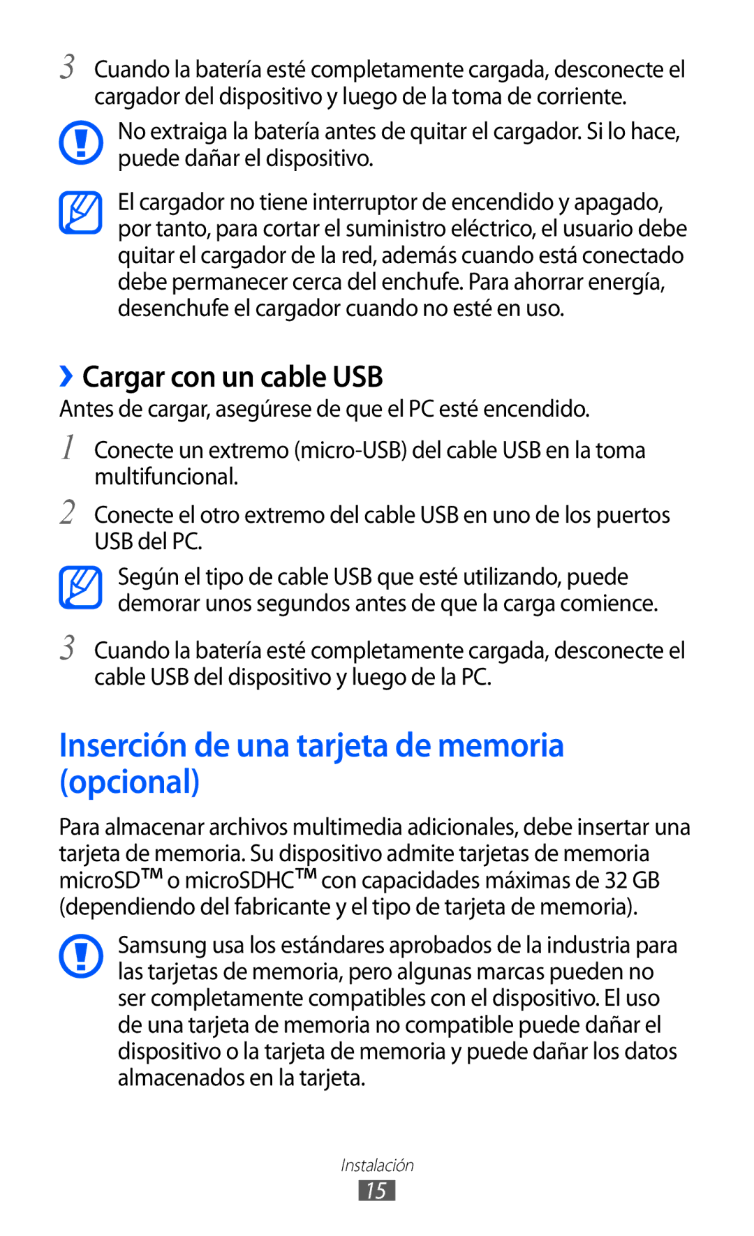 Samsung YP-GI1CB/XEG, YP-G1CW/XEE, YP-GI1CW/FOP Inserción de una tarjeta de memoria opcional, ››Cargar con un cable USB 