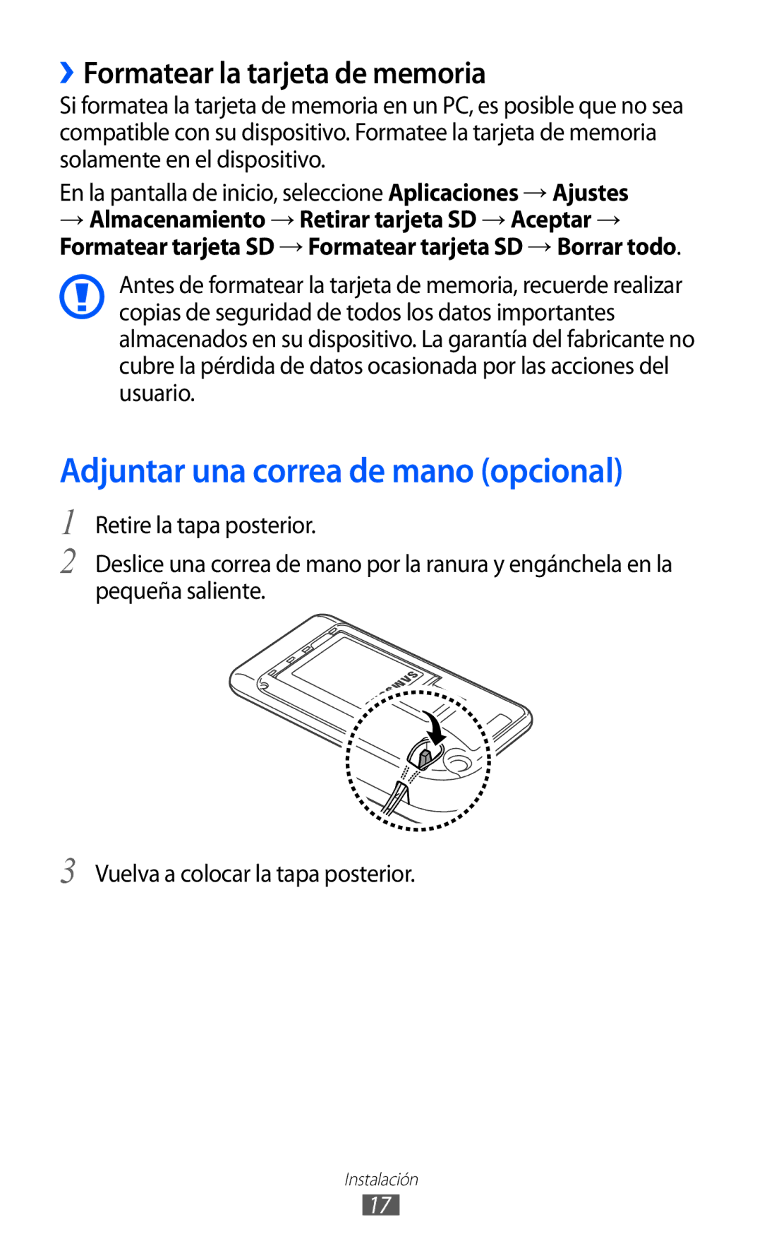 Samsung YP-GI1CW/FOP, YP-G1CW/XEE, YP-GI1CW/XEP Adjuntar una correa de mano opcional, ››Formatear la tarjeta de memoria 