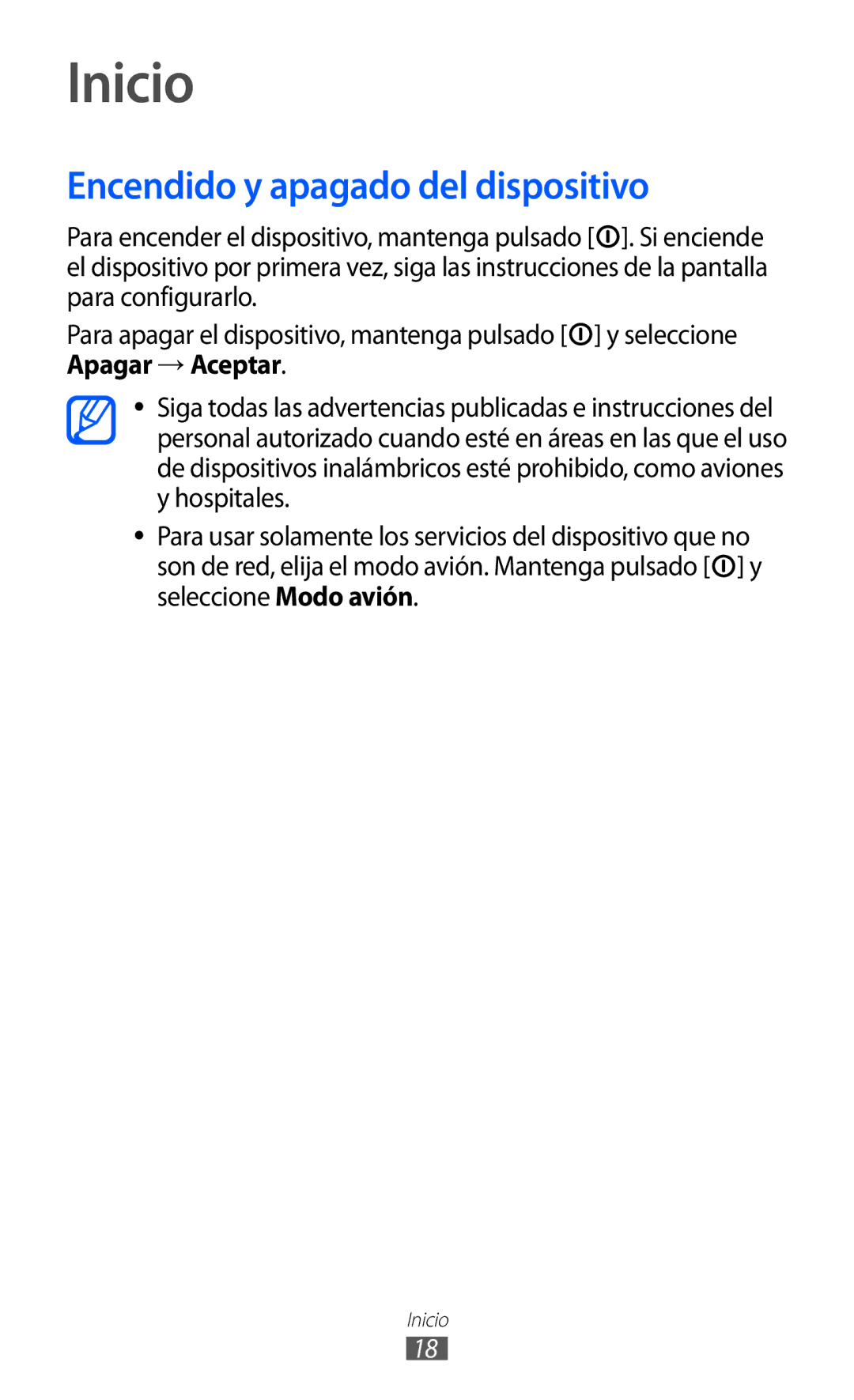 Samsung YP-GI1CW/XEP, YP-G1CW/XEE, YP-GI1CW/FOP, YP-GI1CB/XEG manual Inicio, Encendido y apagado del dispositivo 