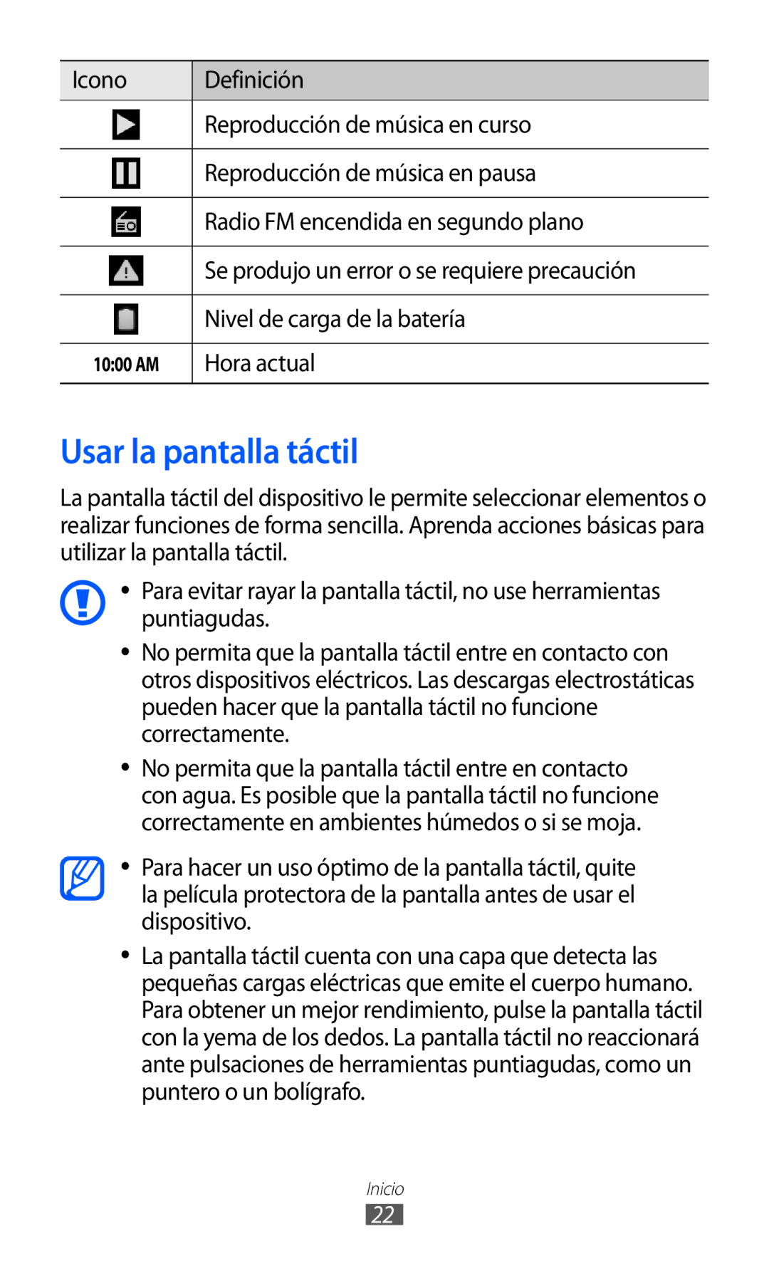 Samsung YP-GI1CW/XEP, YP-G1CW/XEE, YP-GI1CW/FOP, YP-GI1CB/XEG manual Usar la pantalla táctil, Hora actual 