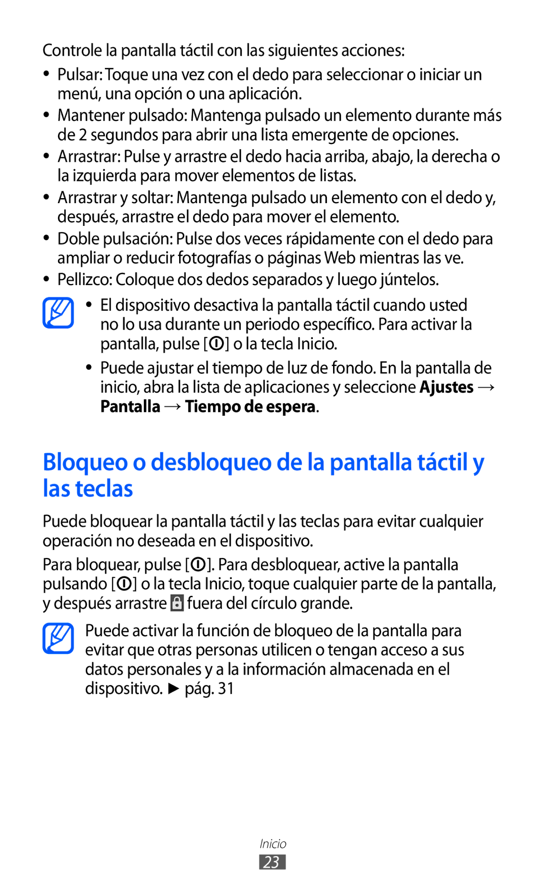 Samsung YP-GI1CB/XEG, YP-G1CW/XEE Bloqueo o desbloqueo de la pantalla táctil y las teclas, Pantalla → Tiempo de espera 