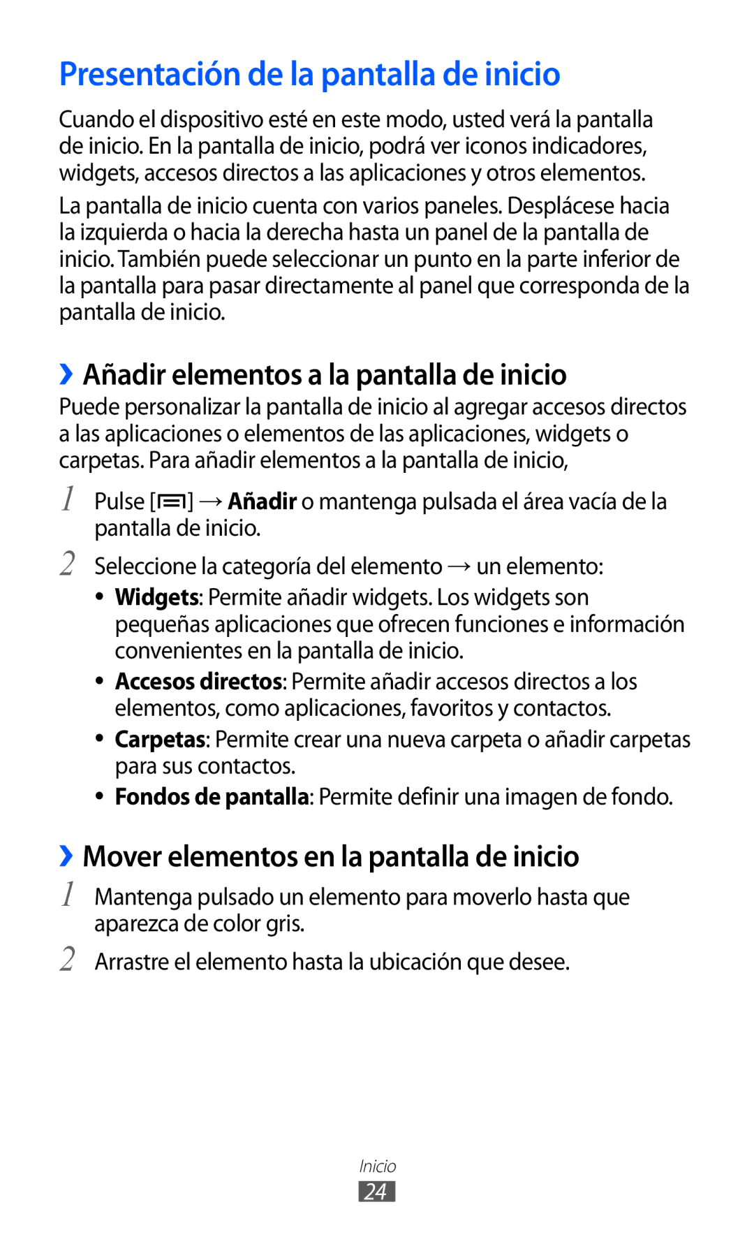 Samsung YP-G1CW/XEE, YP-GI1CW/FOP manual Presentación de la pantalla de inicio, ››Añadir elementos a la pantalla de inicio 