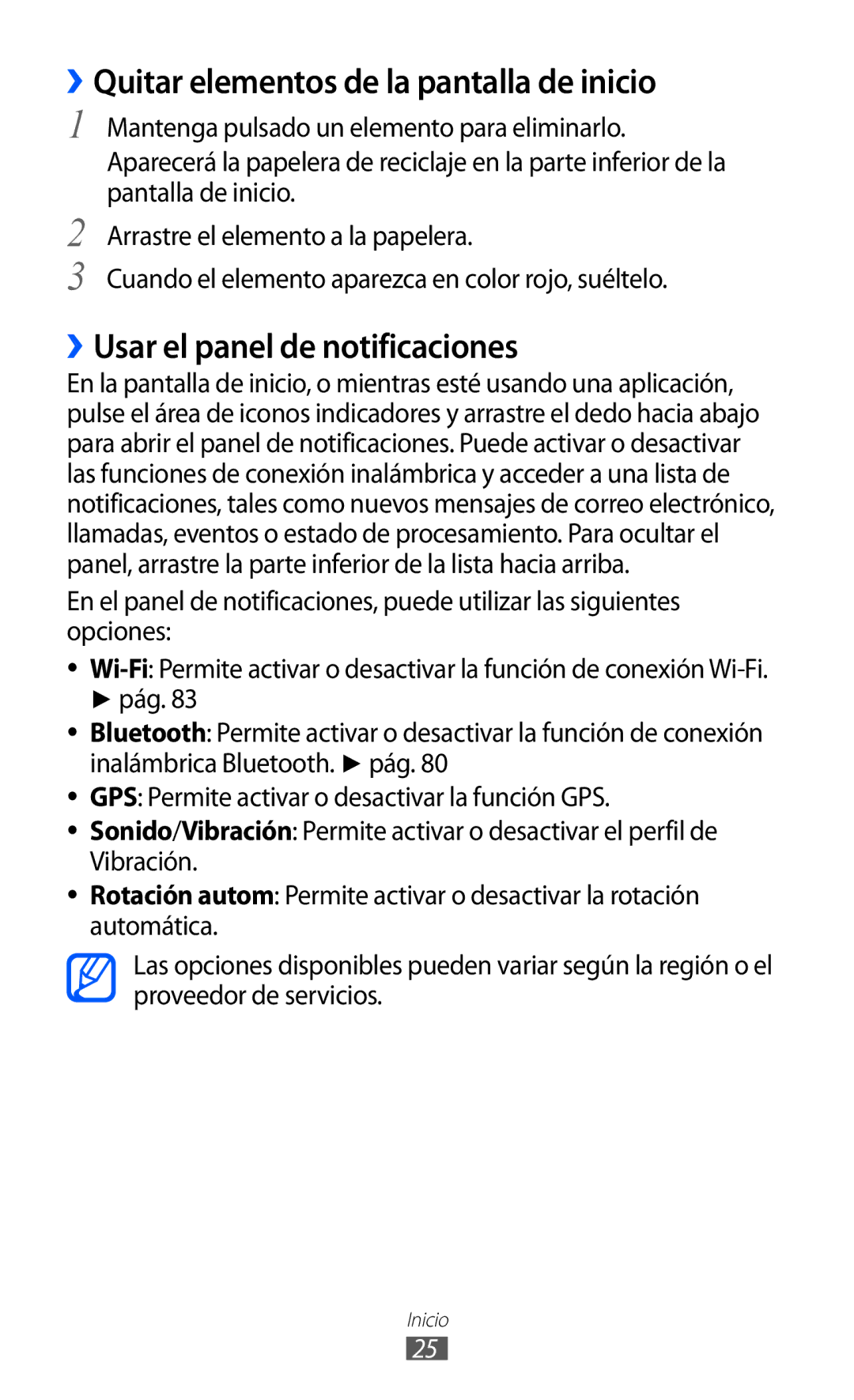 Samsung YP-GI1CW/FOP, YP-G1CW/XEE manual ››Quitar elementos de la pantalla de inicio, ››Usar el panel de notificaciones 