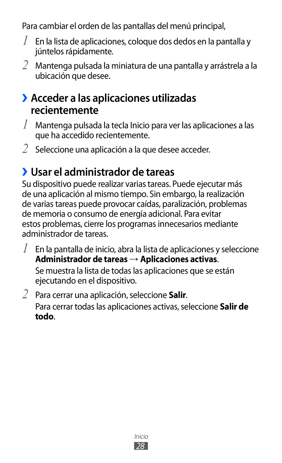 Samsung YP-G1CW/XEE, YP-GI1CW/FOP ››Acceder a las aplicaciones utilizadas recientemente, ››Usar el administrador de tareas 