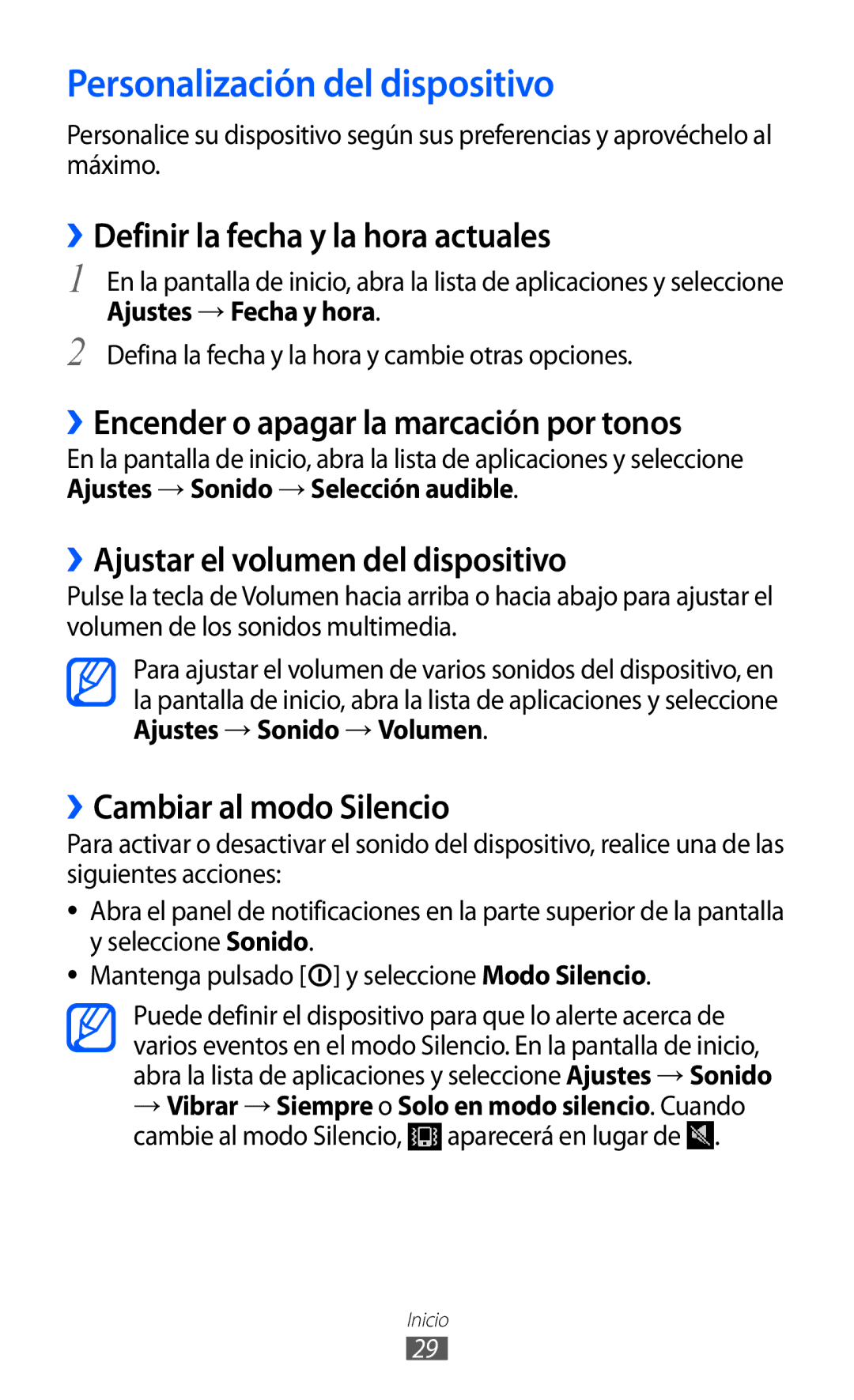 Samsung YP-GI1CW/FOP Personalización del dispositivo, ››Definir la fecha y la hora actuales, ››Cambiar al modo Silencio 