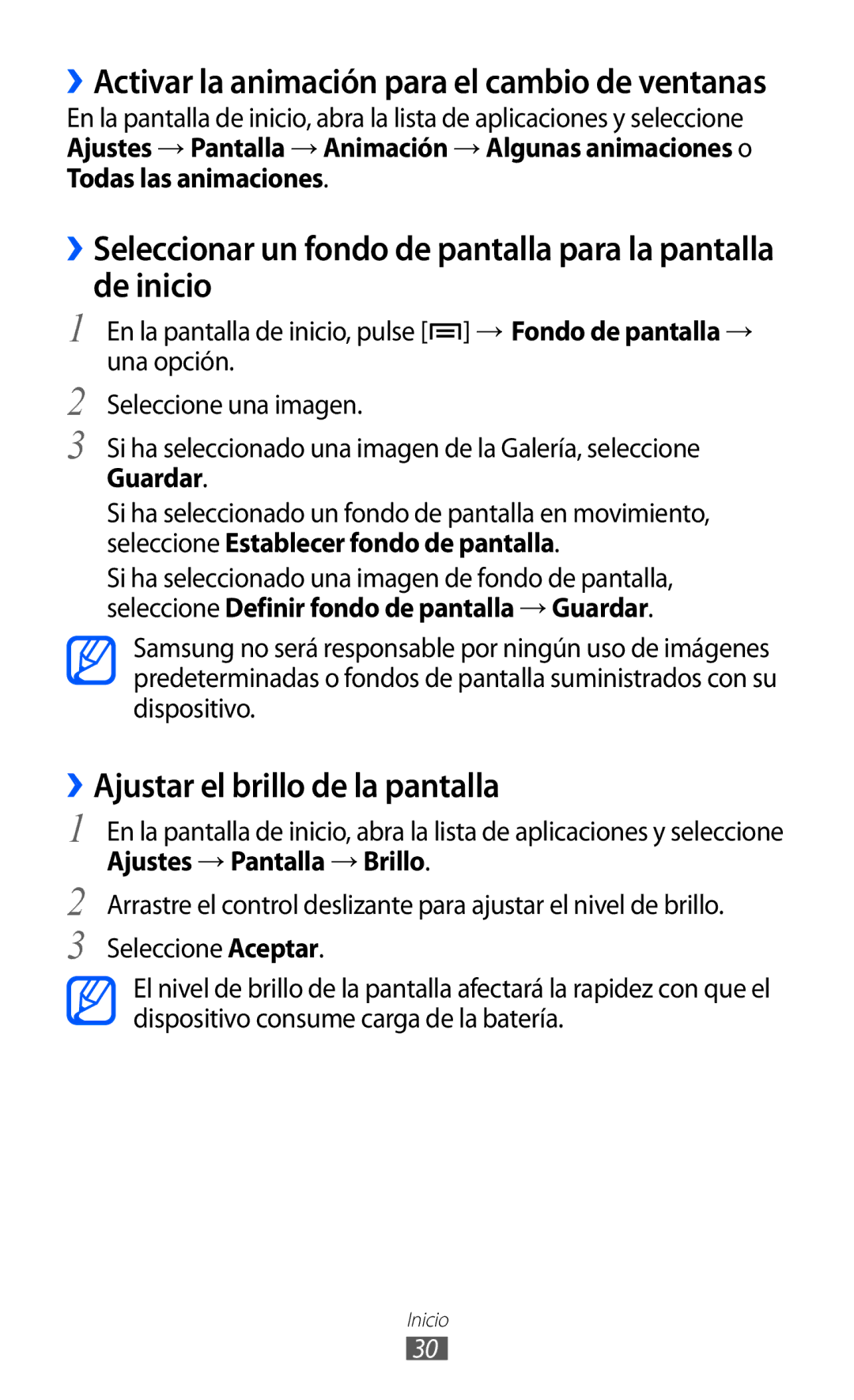 Samsung YP-GI1CW/XEP, YP-G1CW/XEE ››Ajustar el brillo de la pantalla, ››Activar la animación para el cambio de ventanas 