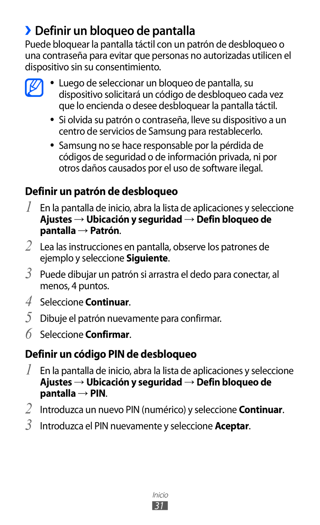 Samsung YP-GI1CB/XEG, YP-G1CW/XEE, YP-GI1CW/FOP manual ››Definir un bloqueo de pantalla, Definir un patrón de desbloqueo 