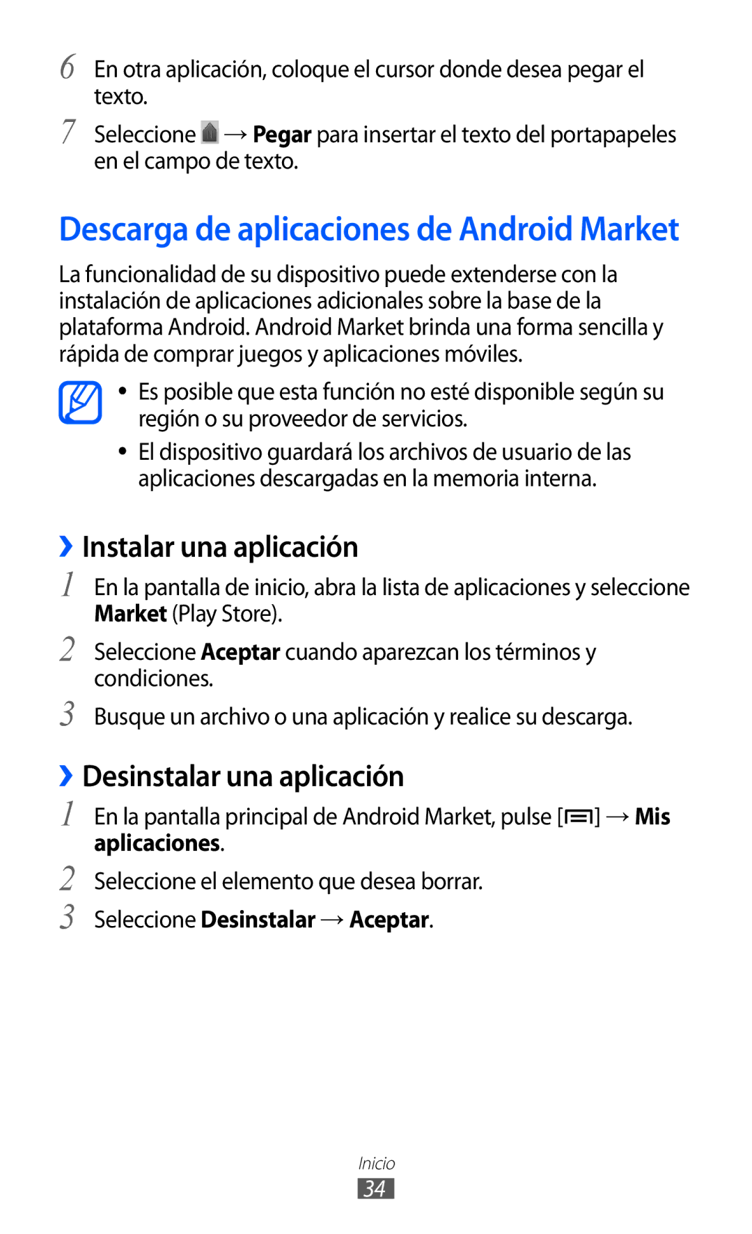 Samsung YP-GI1CW/XEP manual ››Instalar una aplicación, ››Desinstalar una aplicación, Seleccione Desinstalar → Aceptar 