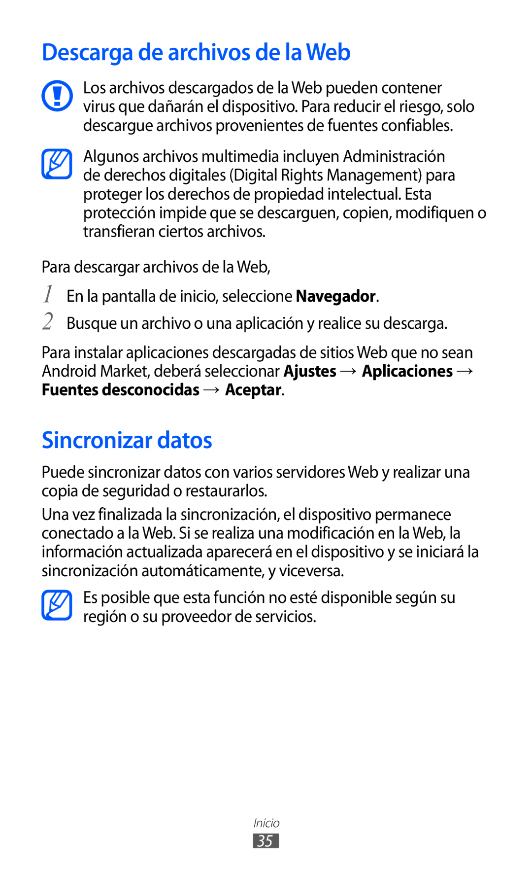 Samsung YP-GI1CB/XEG, YP-G1CW/XEE manual Descarga de archivos de la Web, Sincronizar datos, Fuentes desconocidas → Aceptar 