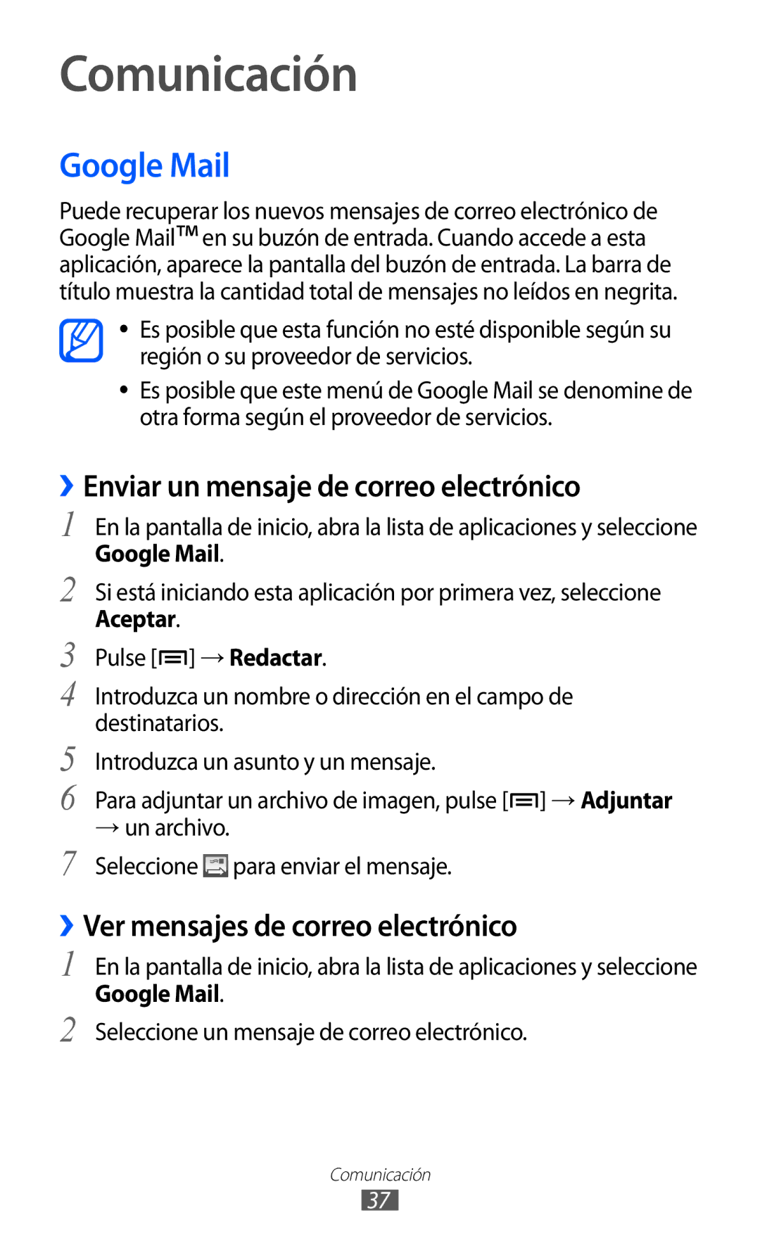 Samsung YP-GI1CW/FOP, YP-G1CW/XEE, YP-GI1CW/XEP manual Comunicación, Google Mail, ››Enviar un mensaje de correo electrónico 