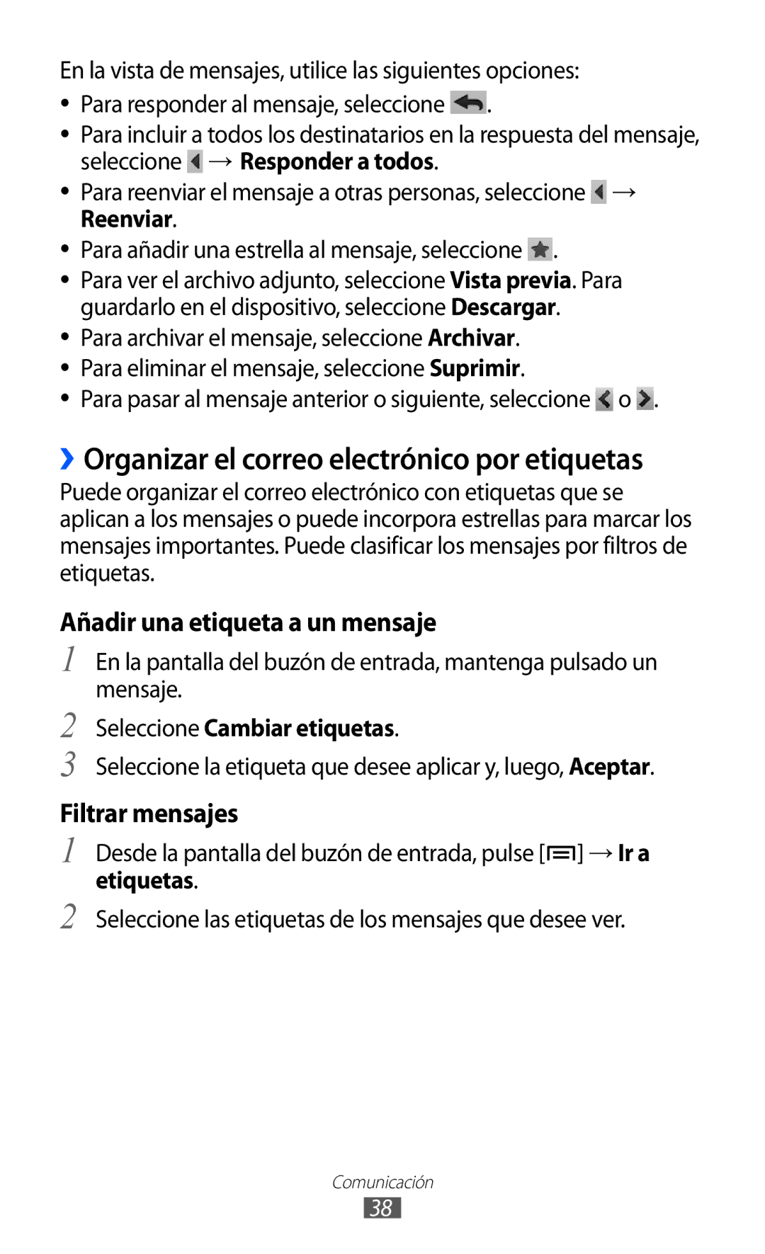 Samsung YP-GI1CW/XEP ››Organizar el correo electrónico por etiquetas, Seleccione → Responder a todos, Reenviar, Etiquetas 