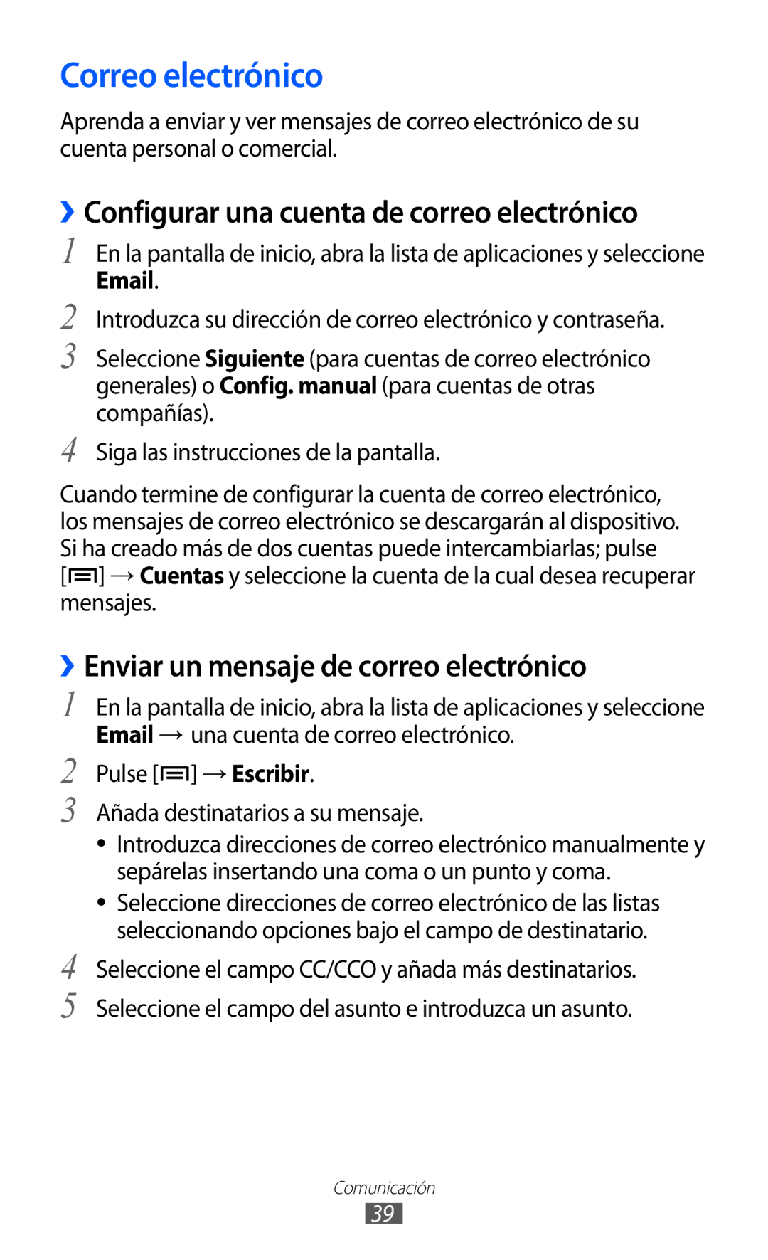 Samsung YP-GI1CB/XEG, YP-G1CW/XEE, YP-GI1CW/FOP manual Correo electrónico, ››Configurar una cuenta de correo electrónico 