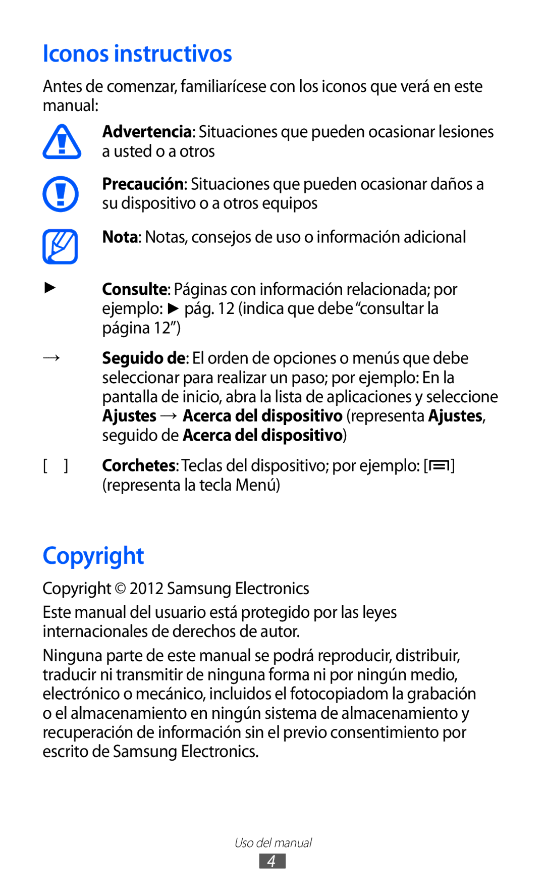 Samsung YP-G1CW/XEE, YP-GI1CW/FOP Iconos instructivos, Representa la tecla Menú, Copyright 2012 Samsung Electronics 