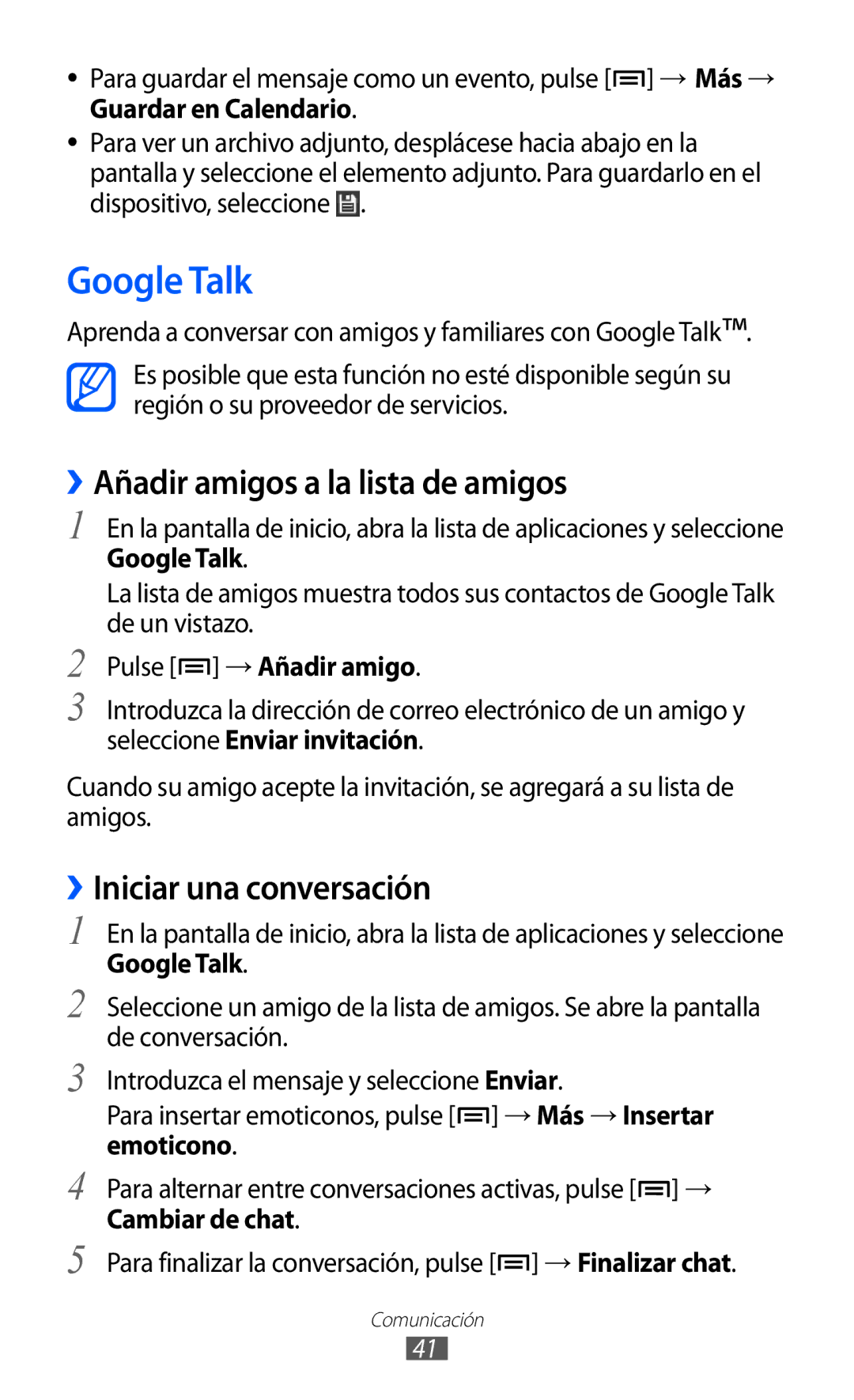 Samsung YP-GI1CW/FOP, YP-G1CW/XEE manual Google Talk, ››Añadir amigos a la lista de amigos, ››Iniciar una conversación 