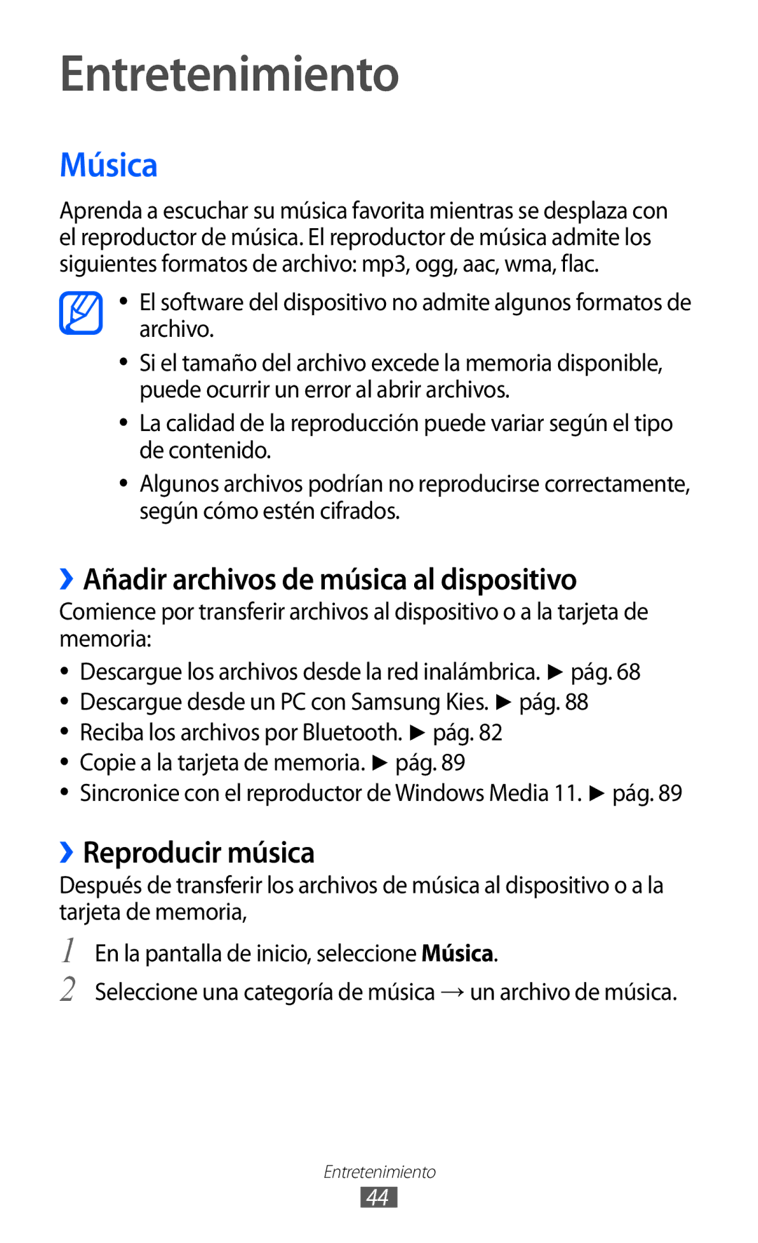 Samsung YP-G1CW/XEE, YP-GI1CW/FOP Entretenimiento, Música, ››Añadir archivos de música al dispositivo, ››Reproducir música 