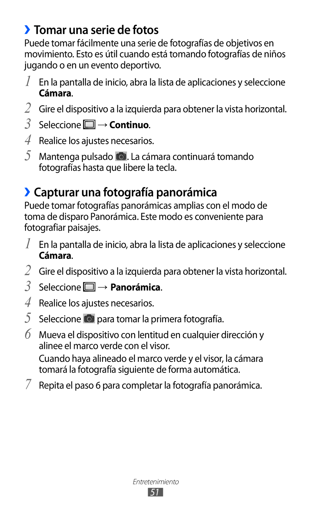 Samsung YP-GI1CB/XEG, YP-G1CW/XEE, YP-GI1CW/FOP manual ››Tomar una serie de fotos, ››Capturar una fotografía panorámica 