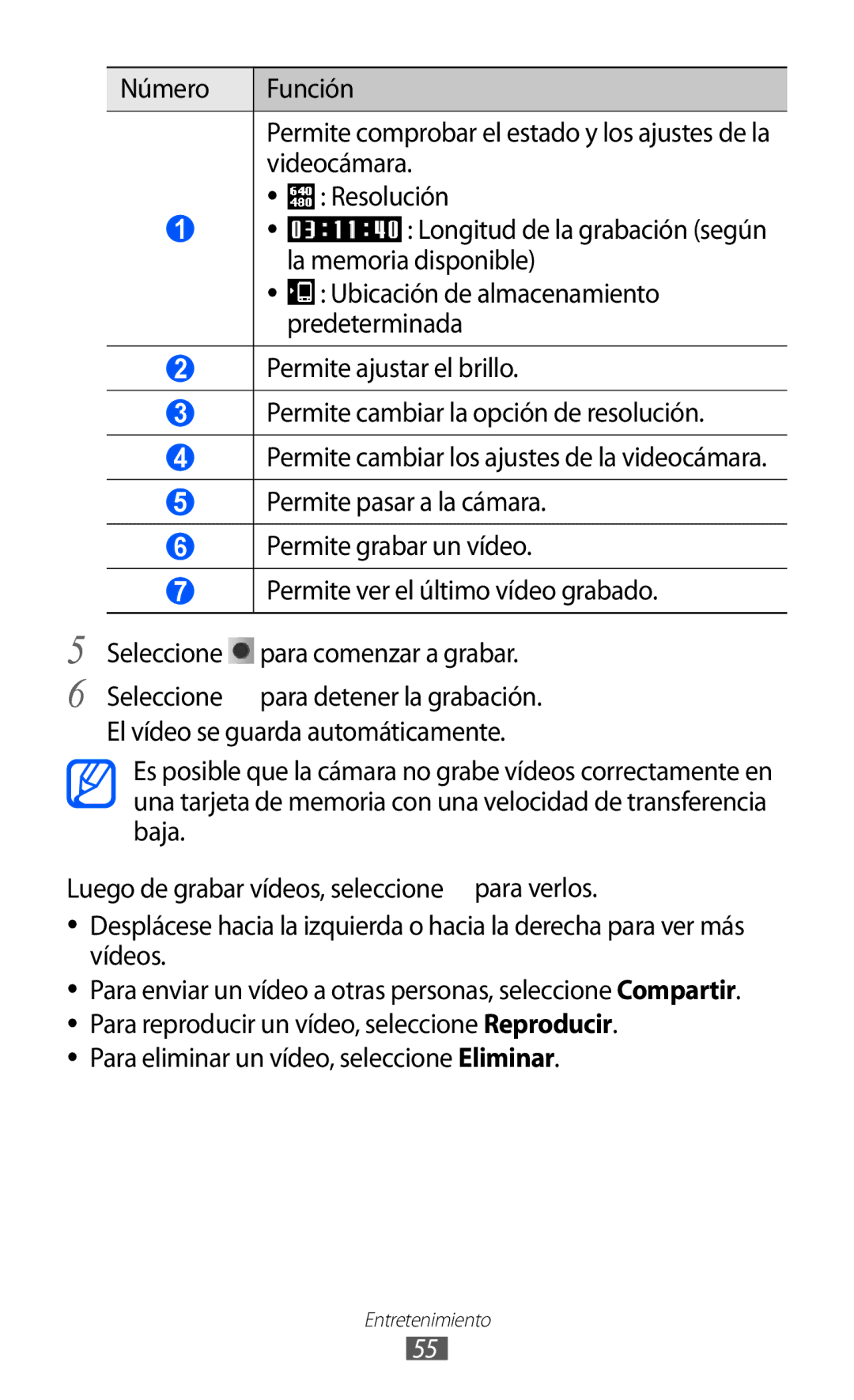 Samsung YP-GI1CB/XEG, YP-G1CW/XEE manual Videocámara, La memoria disponible, Para eliminar un vídeo, seleccione Eliminar 