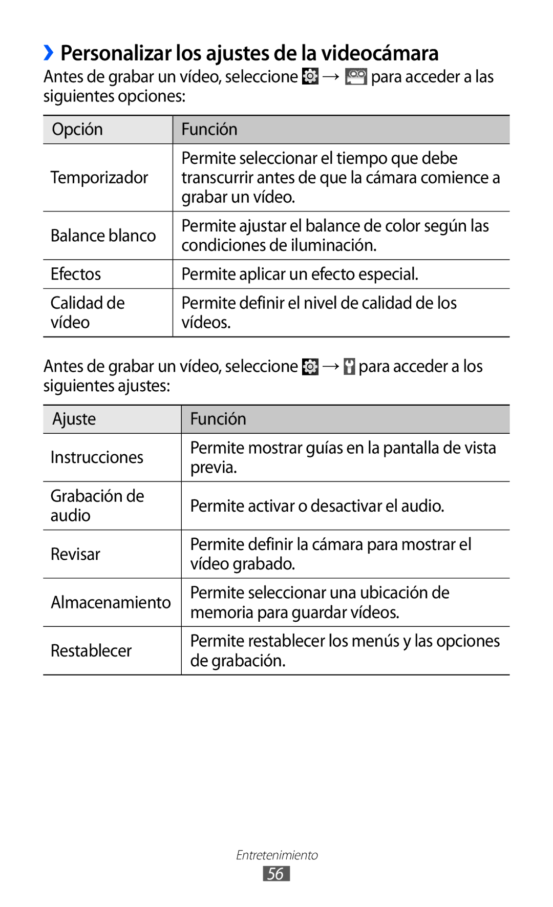 Samsung YP-G1CW/XEE, YP-GI1CW/FOP, YP-GI1CW/XEP, YP-GI1CB/XEG manual ››Personalizar los ajustes de la videocámara 