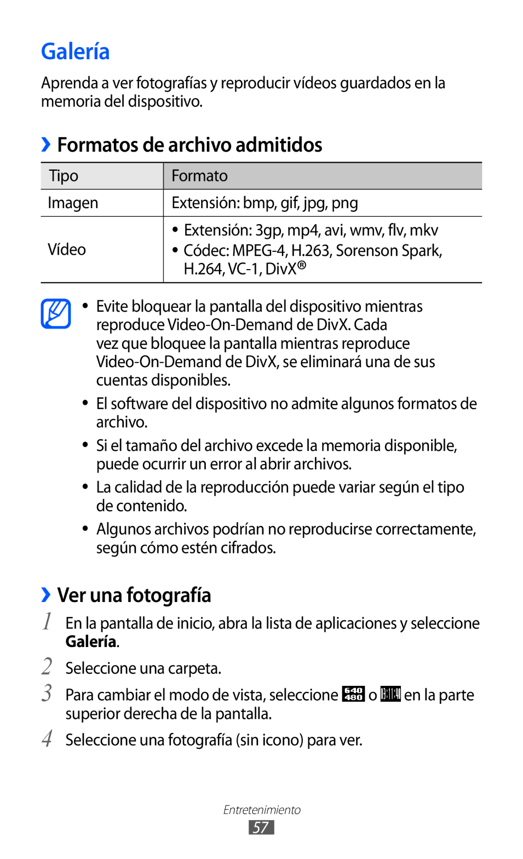 Samsung YP-GI1CW/FOP, YP-G1CW/XEE manual Galería, Formatos de archivo admitidos, ››Ver una fotografía, 264, VC-1, DivX 