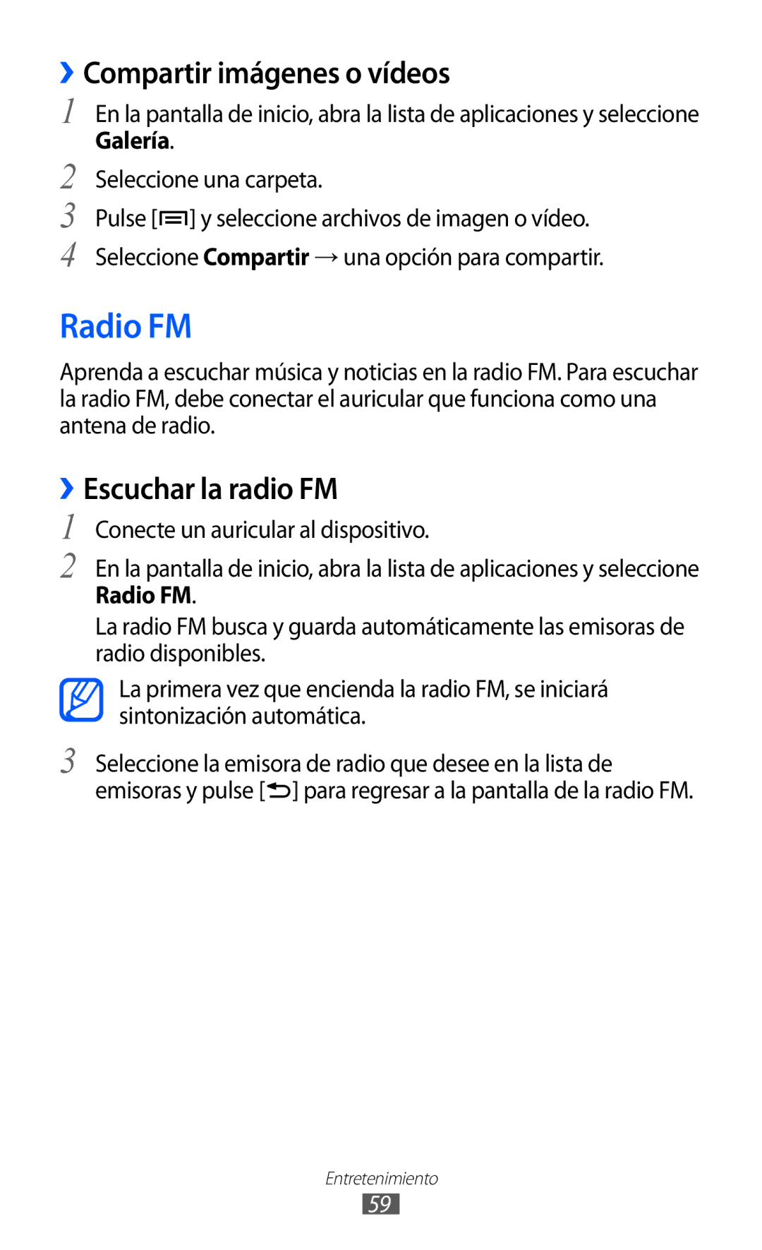 Samsung YP-GI1CB/XEG, YP-G1CW/XEE Radio FM, ››Compartir imágenes o vídeos, ››Escuchar la radio FM, Seleccione una carpeta 