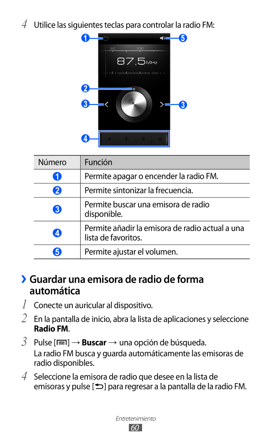 Samsung YP-G1CW/XEE ››Guardar una emisora de radio de forma automática, Conecte un auricular al dispositivo, Radio FM 