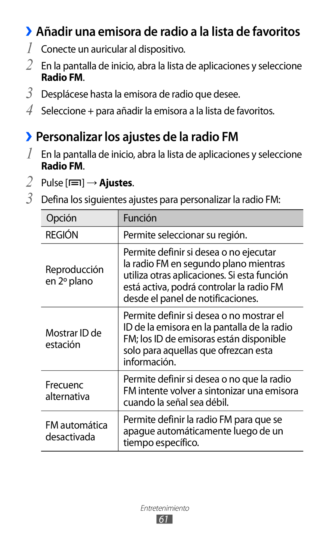 Samsung YP-GI1CW/FOP, YP-G1CW/XEE, YP-GI1CW/XEP, YP-GI1CB/XEG manual ››Personalizar los ajustes de la radio FM 