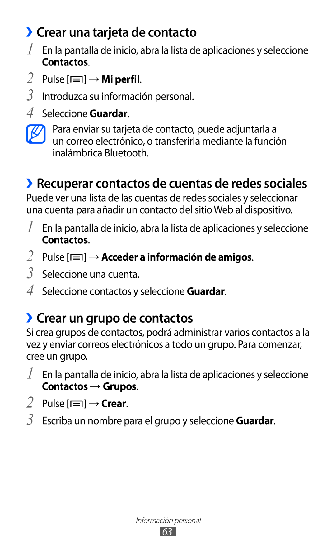 Samsung YP-GI1CB/XEG, YP-G1CW/XEE manual ››Crear una tarjeta de contacto, ››Crear un grupo de contactos, Contactos → Grupos 