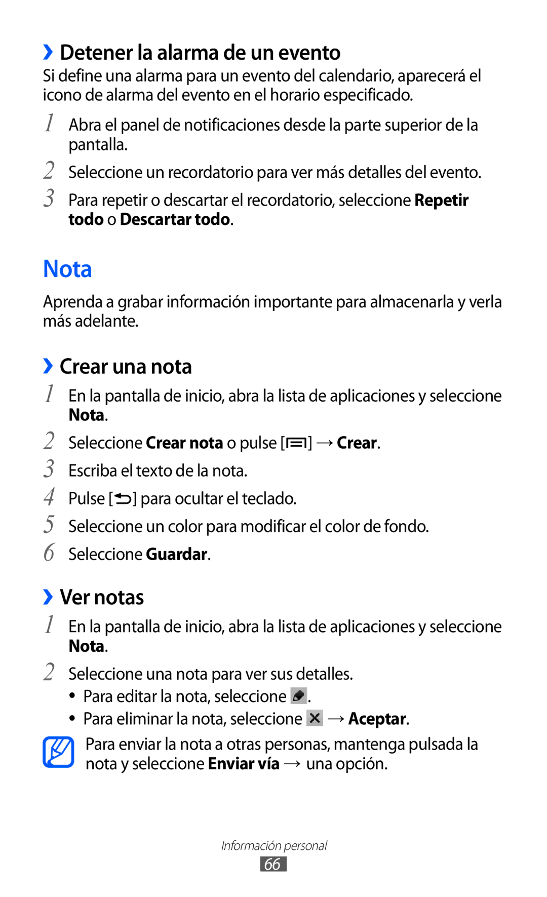 Samsung YP-GI1CW/XEP, YP-G1CW/XEE, YP-GI1CW/FOP manual Nota, ››Detener la alarma de un evento, ››Crear una nota, ››Ver notas 