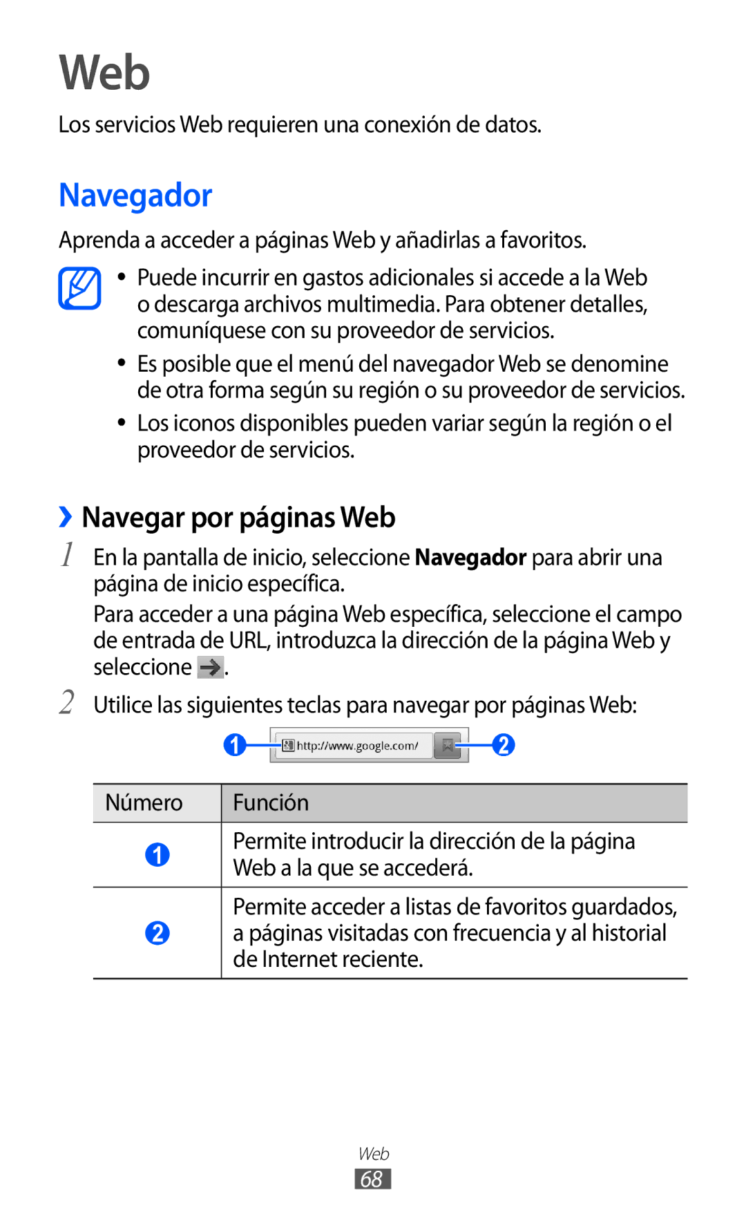 Samsung YP-G1CW/XEE manual Navegador, ››Navegar por páginas Web, Los servicios Web requieren una conexión de datos 