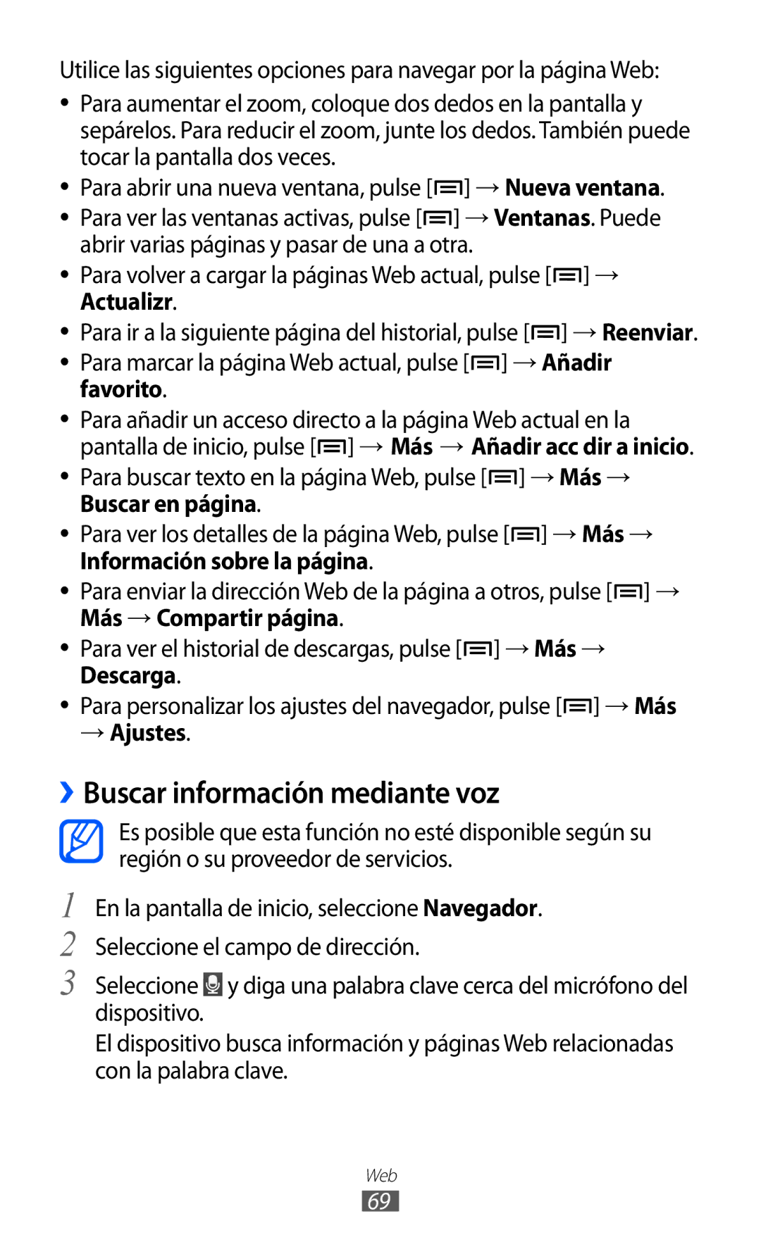 Samsung YP-GI1CW/FOP, YP-G1CW/XEE, YP-GI1CW/XEP, YP-GI1CB/XEG manual ››Buscar información mediante voz, Favorito, → Ajustes 