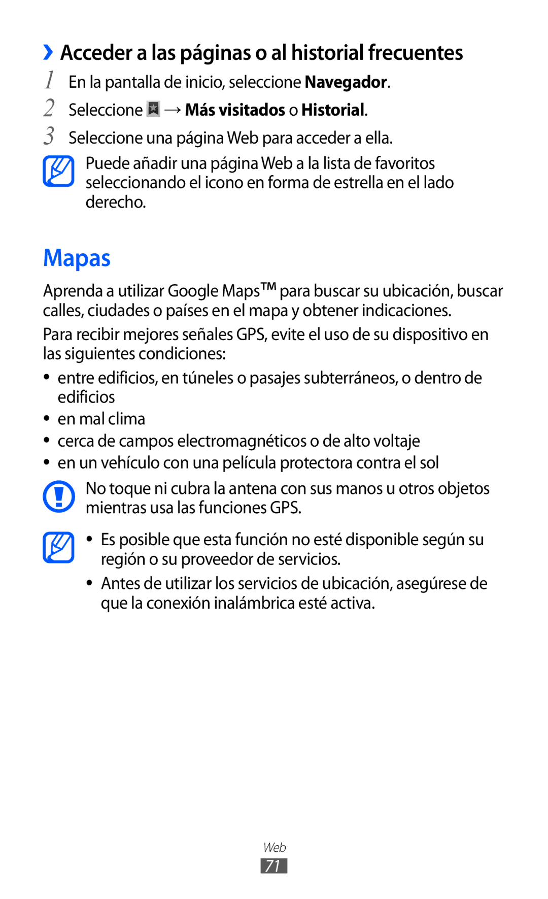 Samsung YP-GI1CB/XEG, YP-G1CW/XEE, YP-GI1CW/FOP, YP-GI1CW/XEP manual Mapas, Seleccione → Más visitados o Historial 