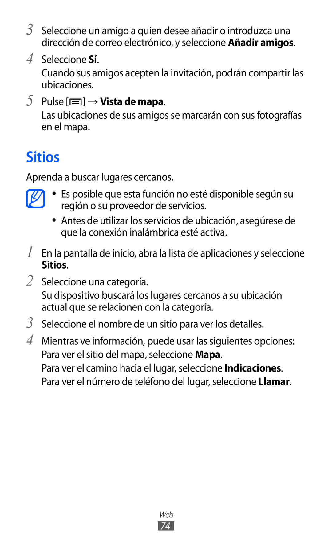 Samsung YP-GI1CW/XEP, YP-G1CW/XEE, YP-GI1CW/FOP, YP-GI1CB/XEG manual Sitios, Pulse → Vista de mapa, Seleccione una categoría 