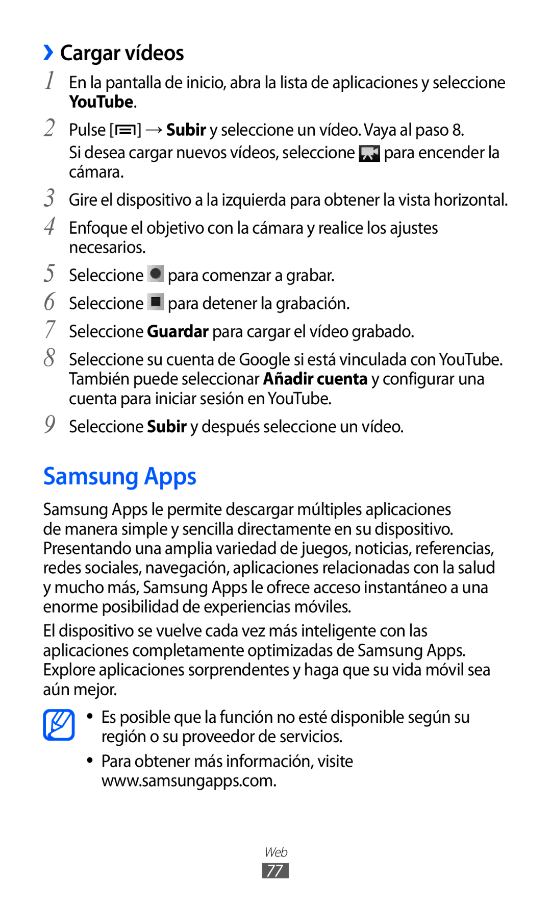 Samsung YP-GI1CW/FOP, YP-G1CW/XEE, YP-GI1CW/XEP, YP-GI1CB/XEG manual Samsung Apps, ››Cargar vídeos 