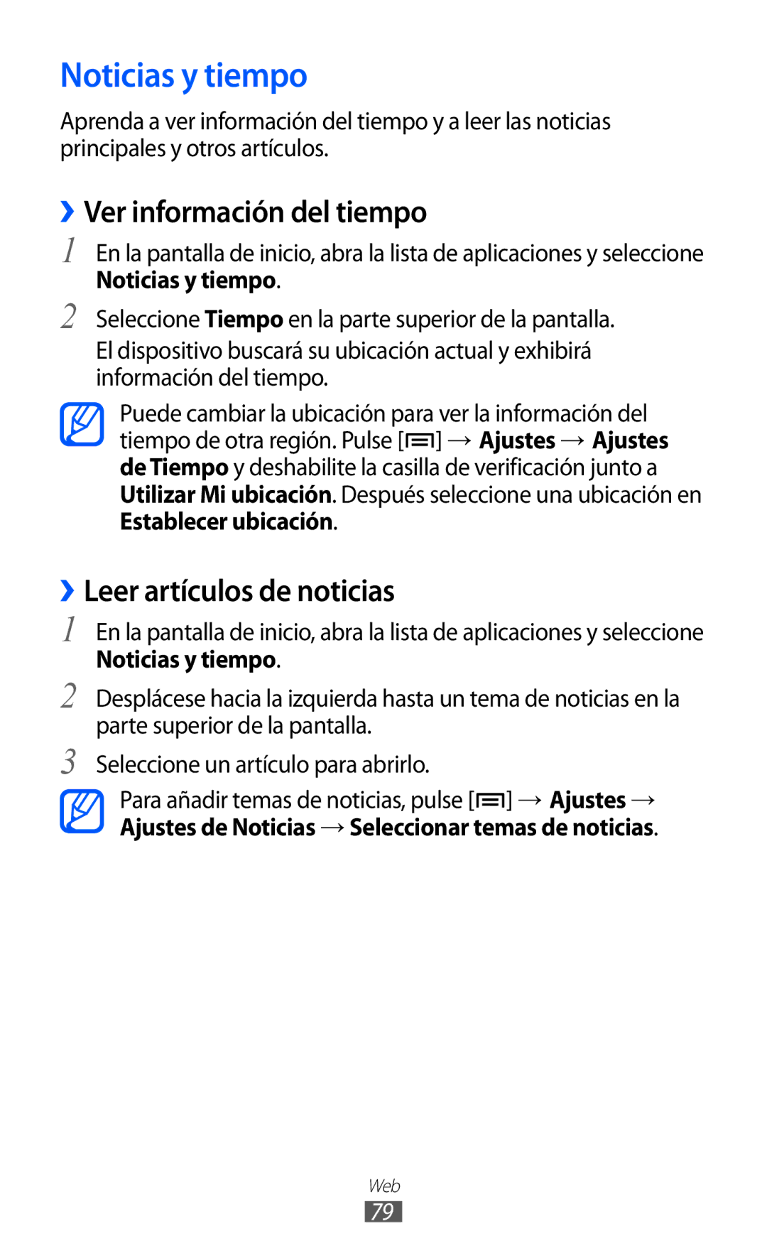 Samsung YP-GI1CB/XEG, YP-G1CW/XEE manual Noticias y tiempo, ››Ver información del tiempo, ››Leer artículos de noticias 