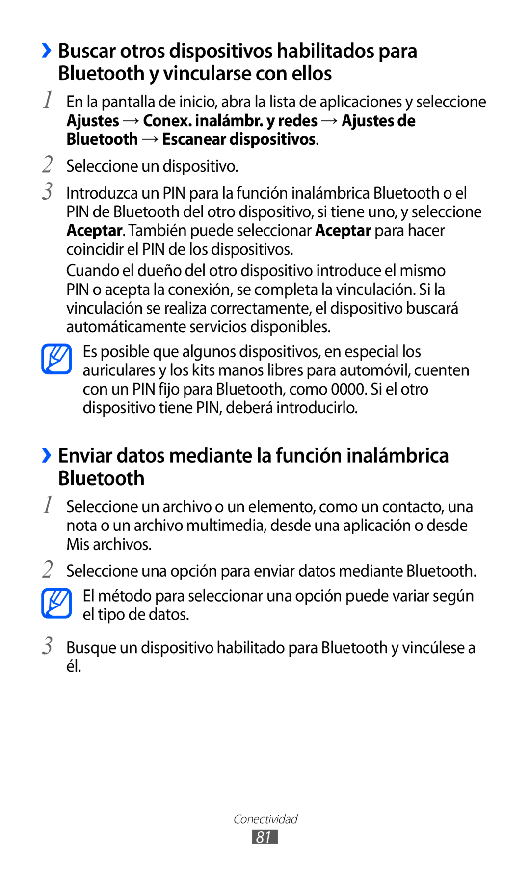 Samsung YP-GI1CW/FOP, YP-G1CW/XEE, YP-GI1CW/XEP, YP-GI1CB/XEG manual ››Enviar datos mediante la función inalámbrica Bluetooth 