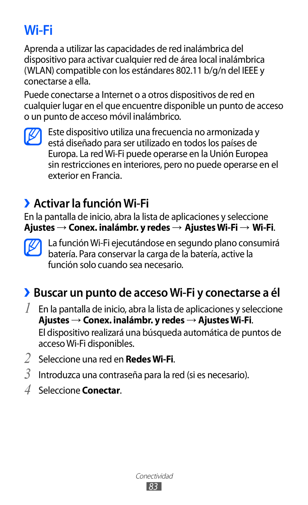 Samsung YP-GI1CB/XEG, YP-G1CW/XEE, YP-GI1CW/FOP, YP-GI1CW/XEP manual ››Activar la función Wi-Fi 