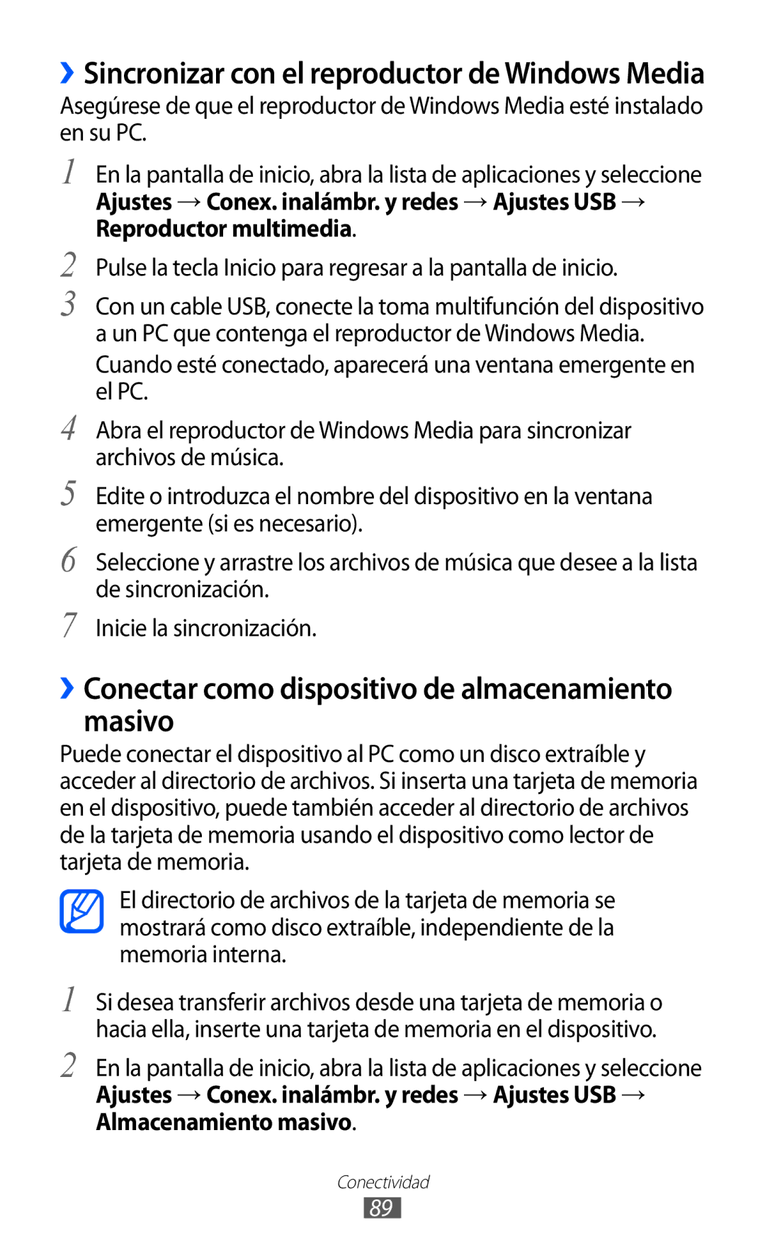 Samsung YP-GI1CW/FOP, YP-G1CW/XEE, YP-GI1CW/XEP, YP-GI1CB/XEG manual ››Conectar como dispositivo de almacenamiento masivo 